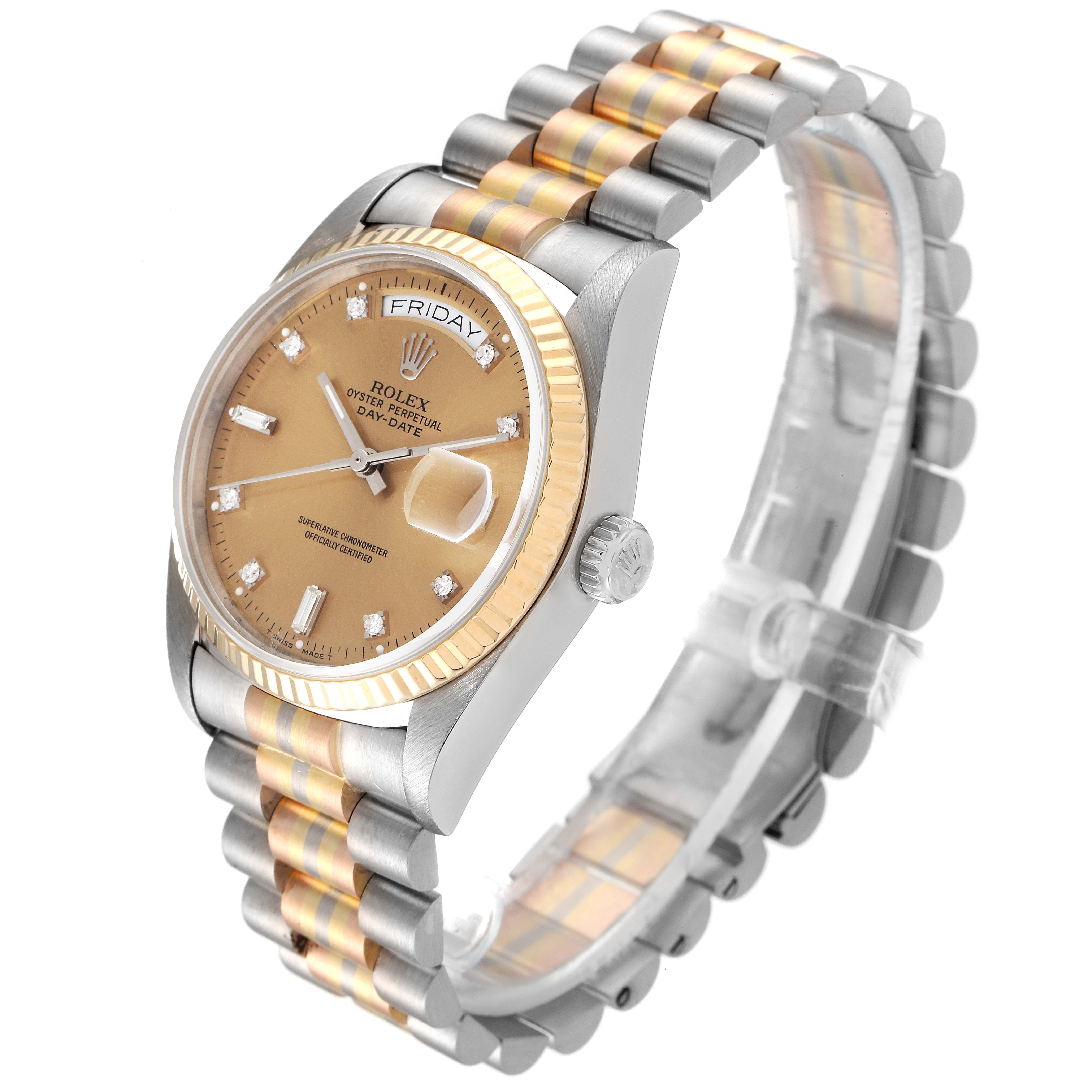 The image shows a side angle of a Rolex President 18039B Men's White Gold Brown Dial 18039B Men's White Gold Brown Dial model watch featuring its face, bezel, crown, and two-tone bracelet.