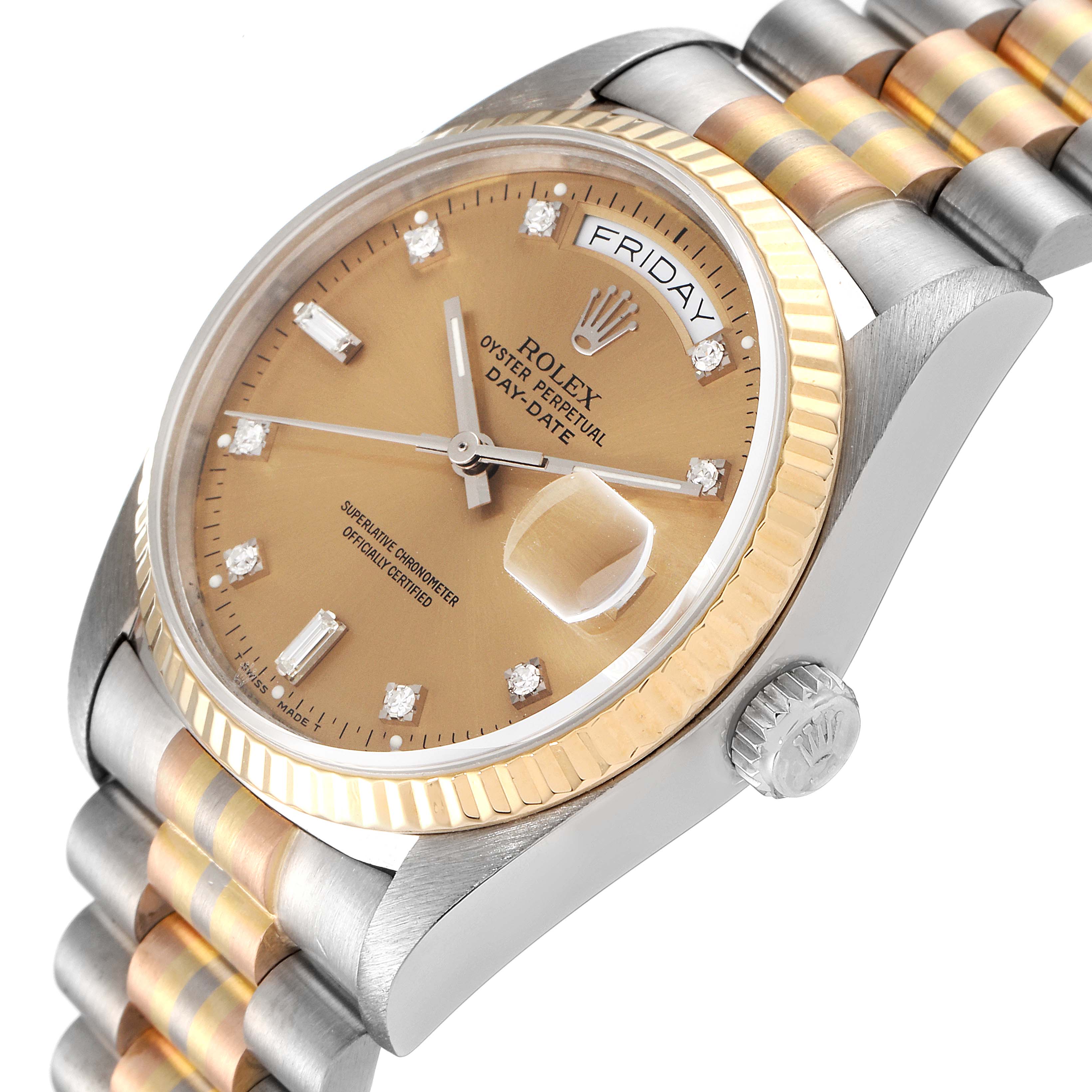 The image shows a side angle of the Rolex President 18039B Men's White Gold Brown Dial 18039B Men's White Gold Brown Dial watch model highlighting its face, crown, and band.