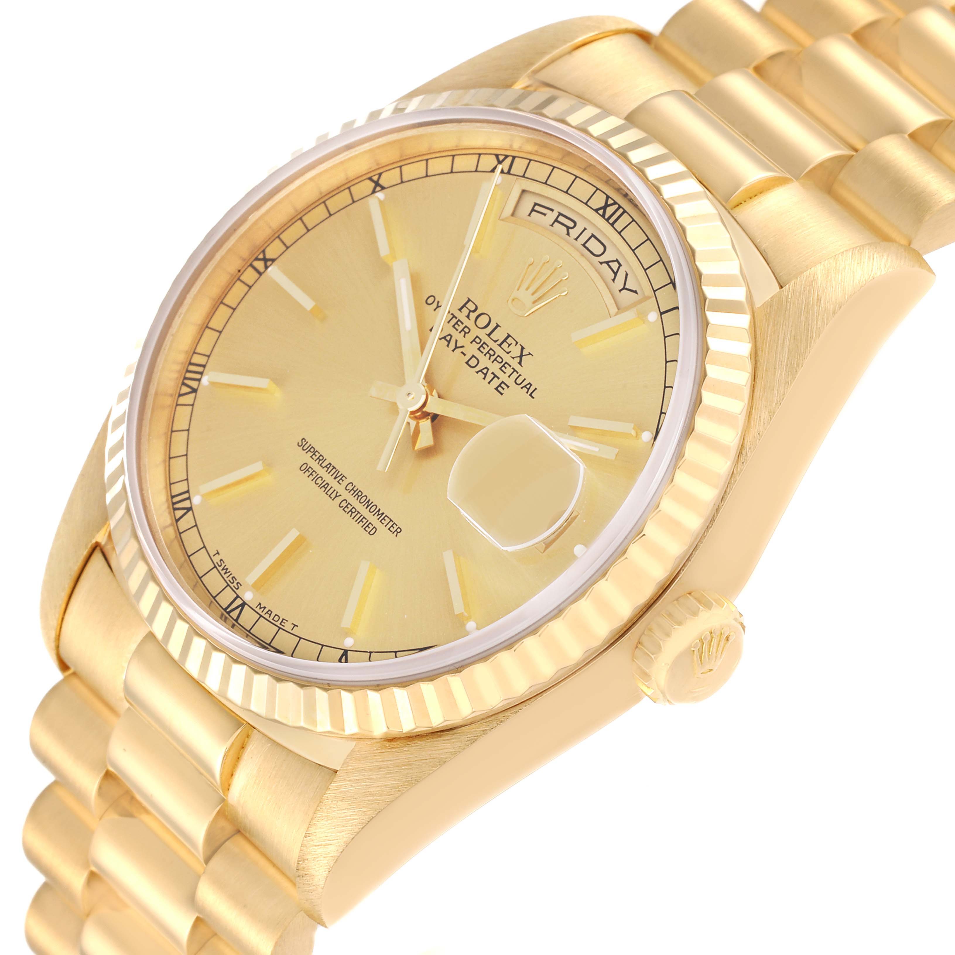 The image shows a close-up angled view of the Rolex President 18238 Men's Yellow Gold Champagne Dial 18238 Men's Yellow Gold Champagne Dial watch displaying the dial, fluted bezel, and part of the bracelet.