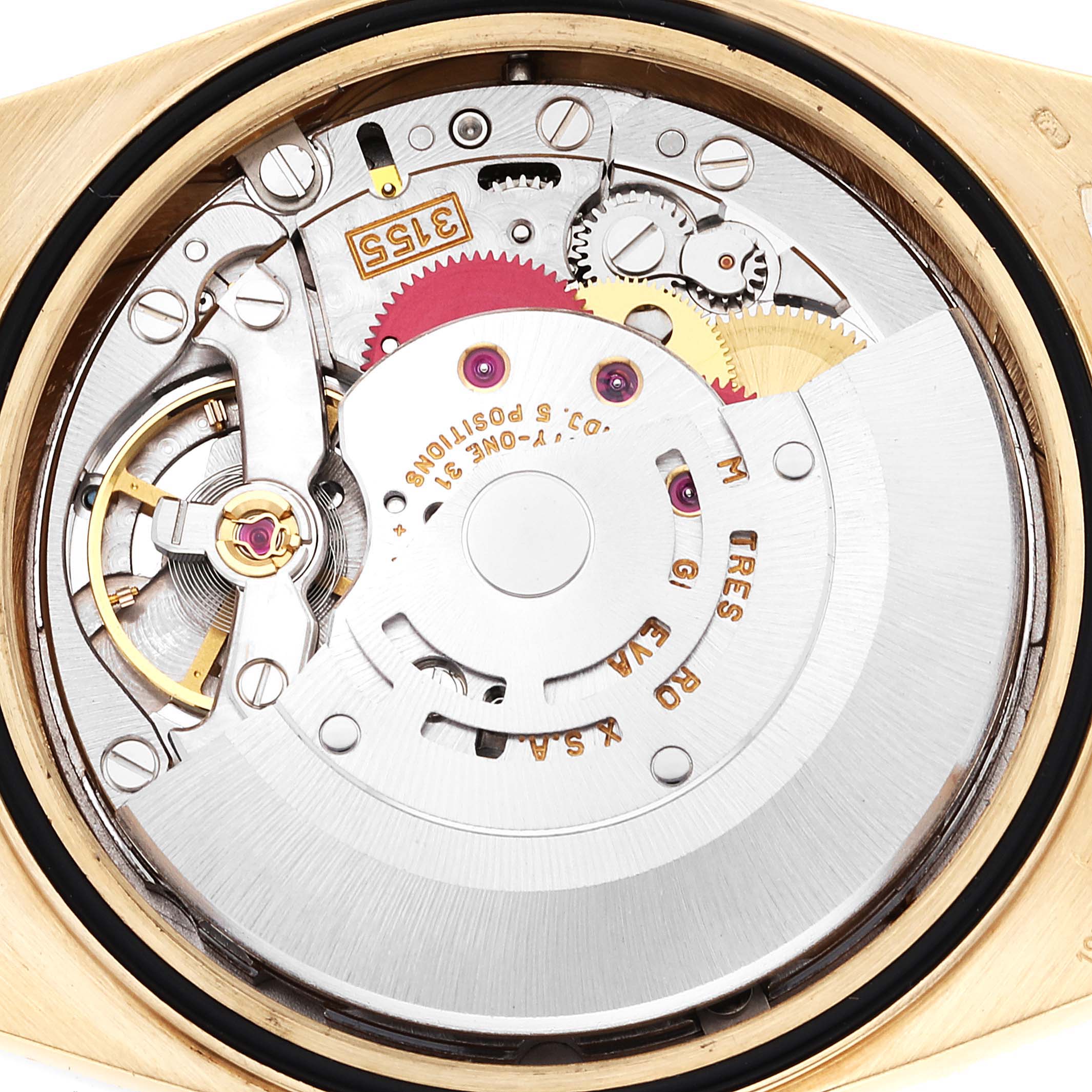 This is an angled view of the internal mechanism of a Rolex President 18238 Men's Yellow Gold Champagne Dial 18238 Men's Yellow Gold Champagne Dial model watch, showcasing its intricate movement parts.
