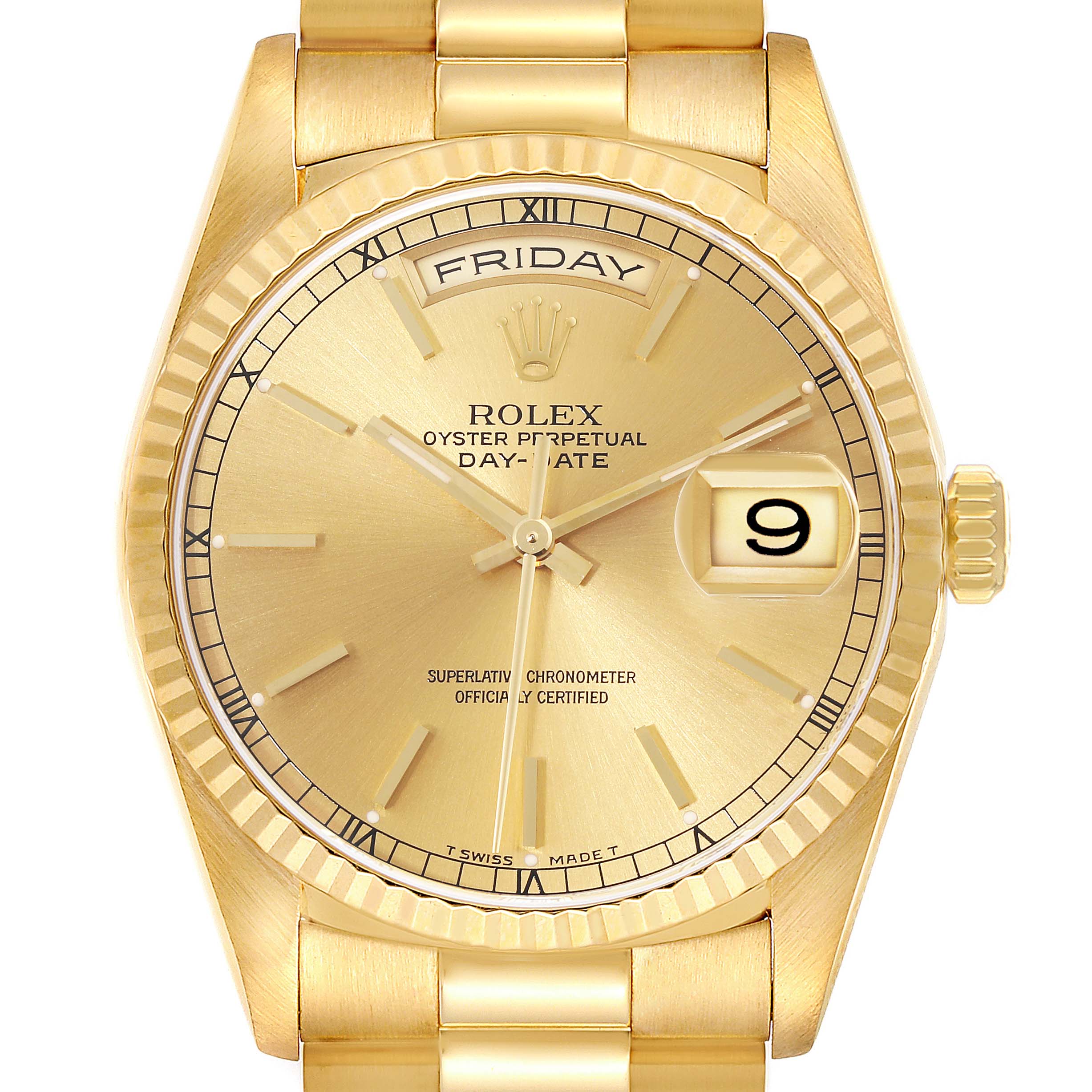 The image shows a front view of a Rolex President 18238 Men's Yellow Gold Champagne Dial 18238 Men's Yellow Gold Champagne Dial model watch, displaying the day, date, and crown.