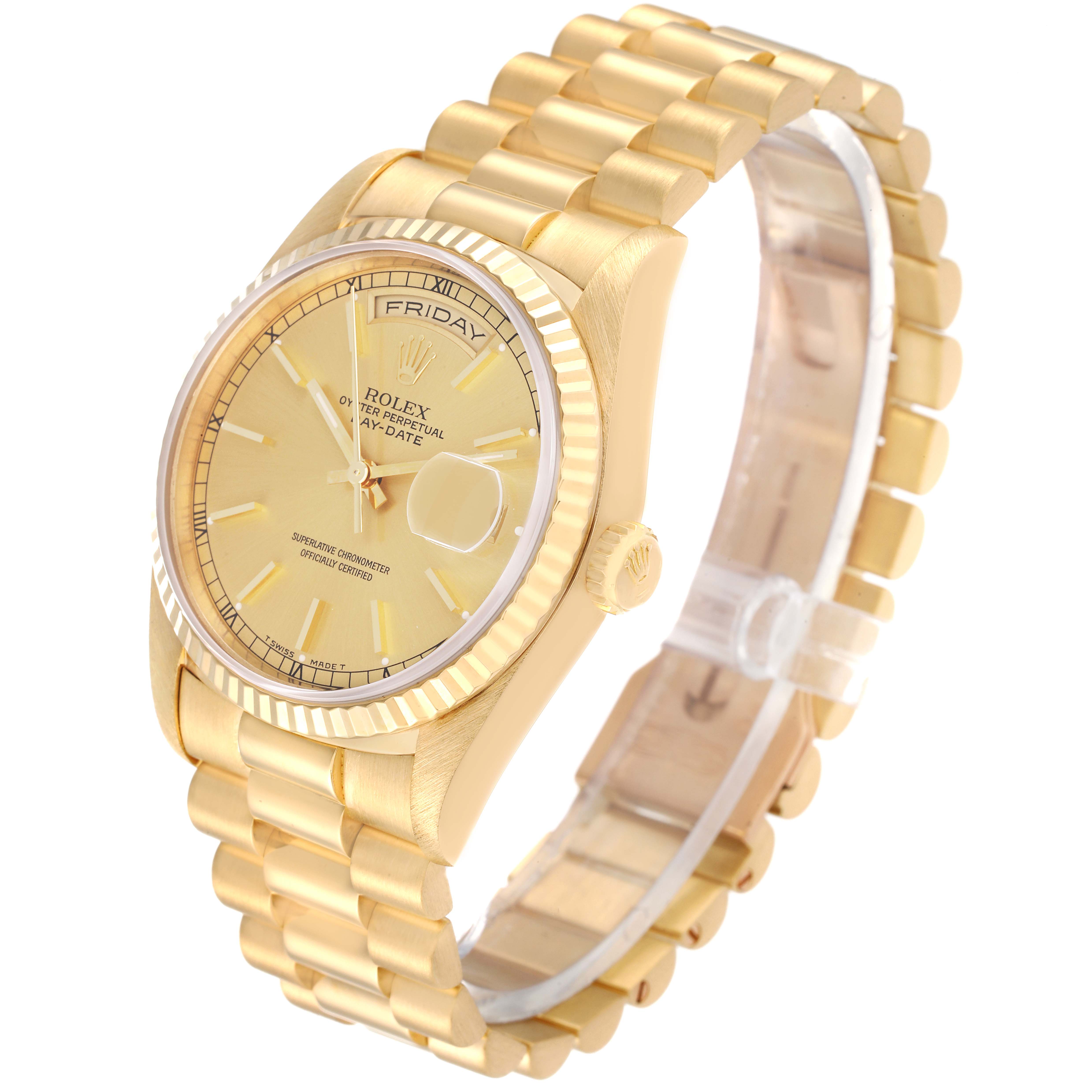 The image shows a Rolex President 18238 Men's Yellow Gold Champagne Dial 18238 Men's Yellow Gold Champagne Dial model watch at a three-quarter angle, highlighting its gold bracelet, dial, and day/date mechanisms.