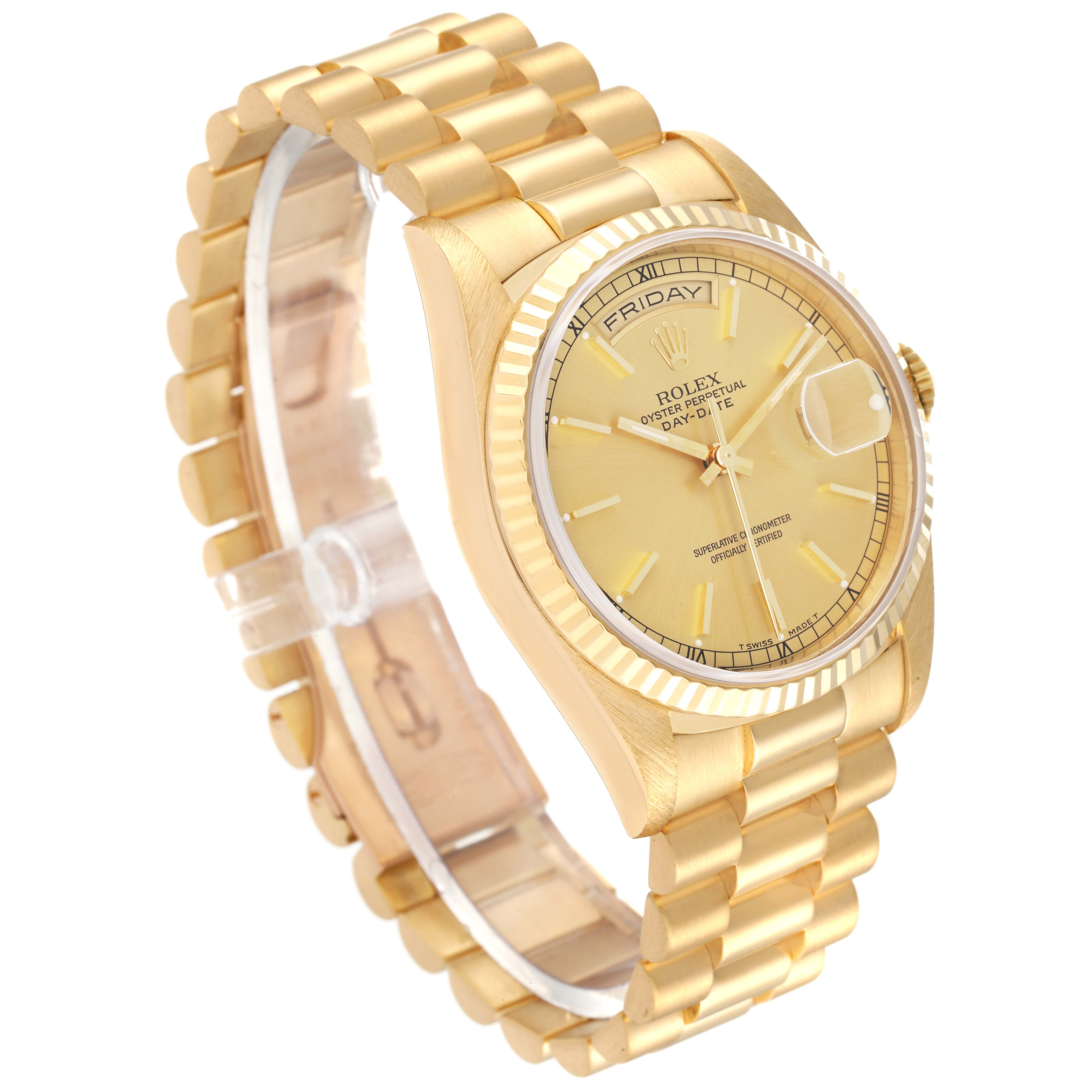 The image shows a Rolex President 18238 Men's Yellow Gold Champagne Dial 18238 Men's Yellow Gold Champagne Dial model watch angled to display its gold bracelet, bezel, and dial.