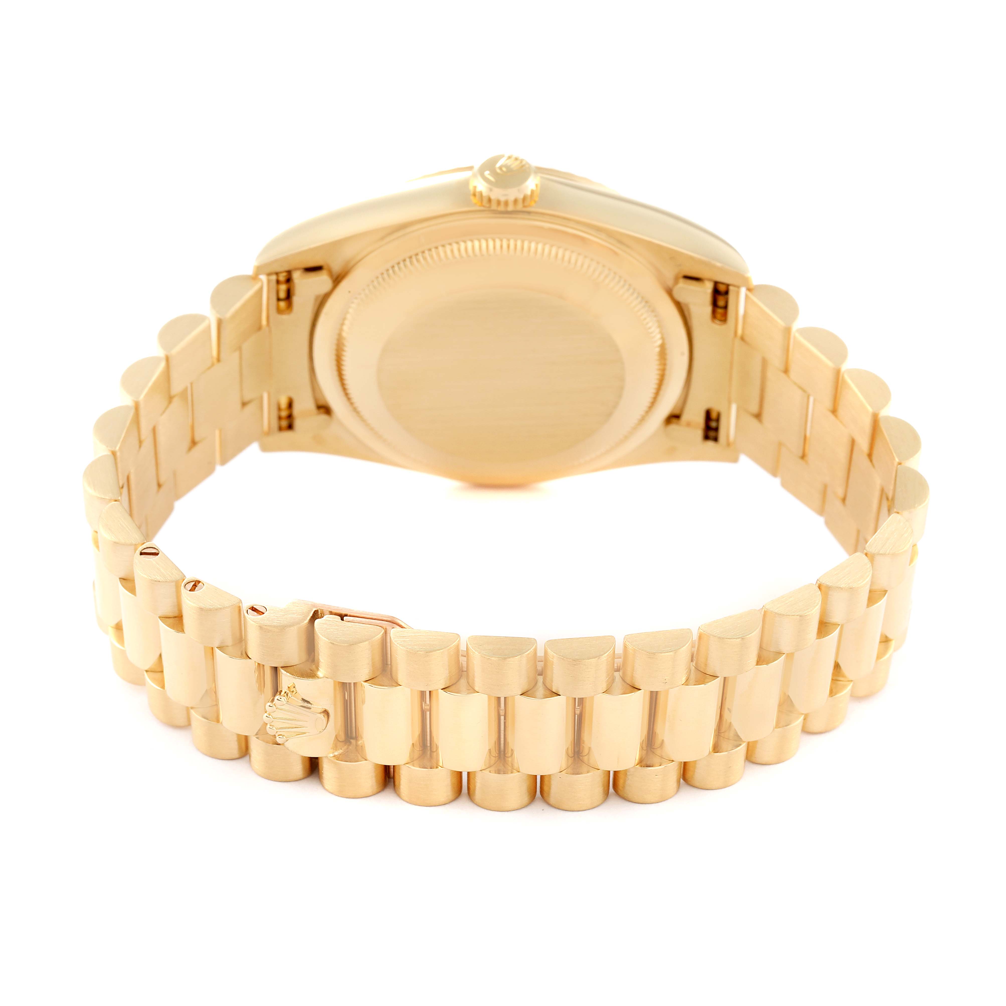 The image shows the back and bracelet of a Rolex President 18238 Men's Yellow Gold Champagne Dial 18238 Men's Yellow Gold Champagne Dial model watch, highlighting the clasp and case back.