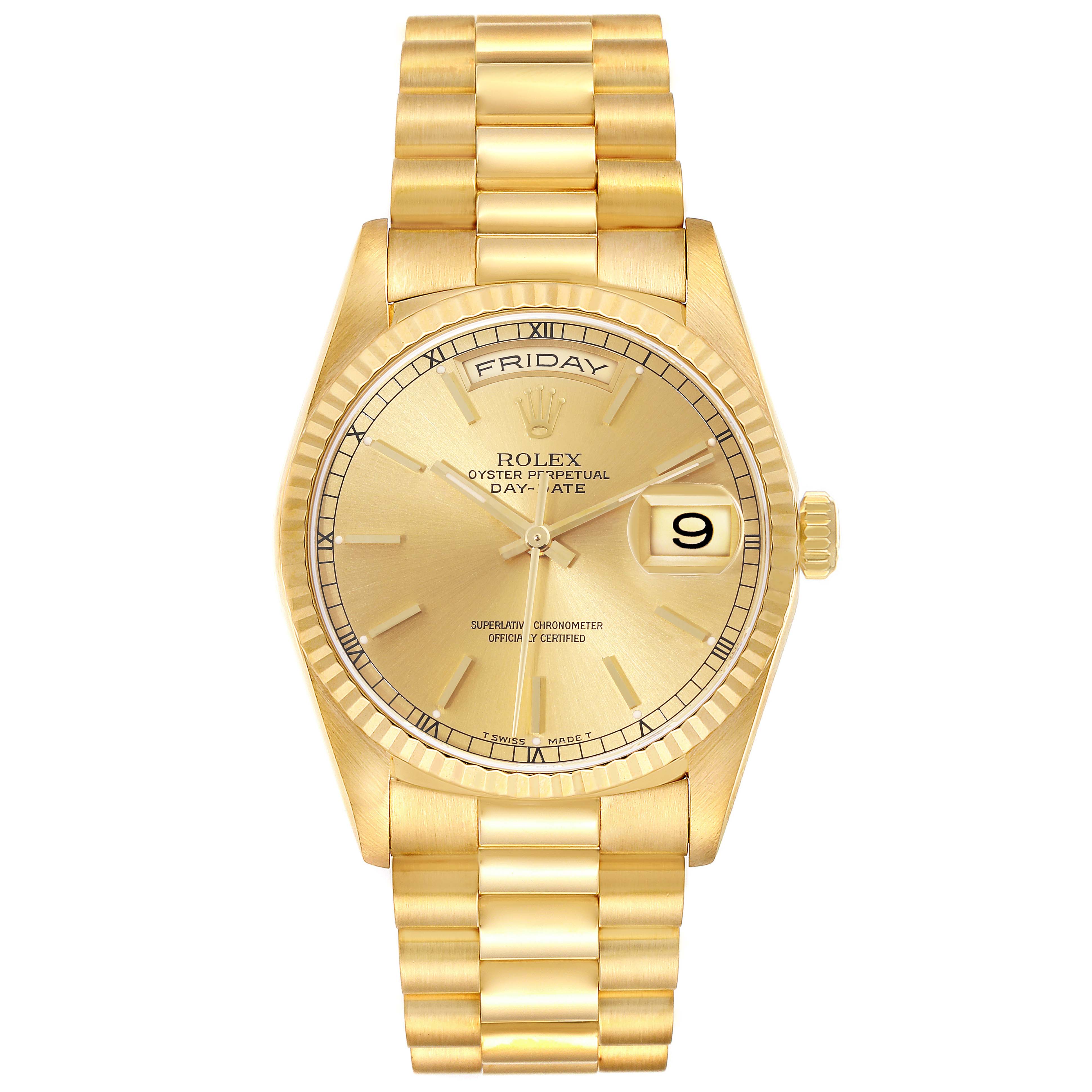 This image shows a front view of a Rolex President 18238 Men's Yellow Gold Champagne Dial 18238 Men's Yellow Gold Champagne Dial model watch, featuring its dial, bezel, bracelet, hands, and date window.