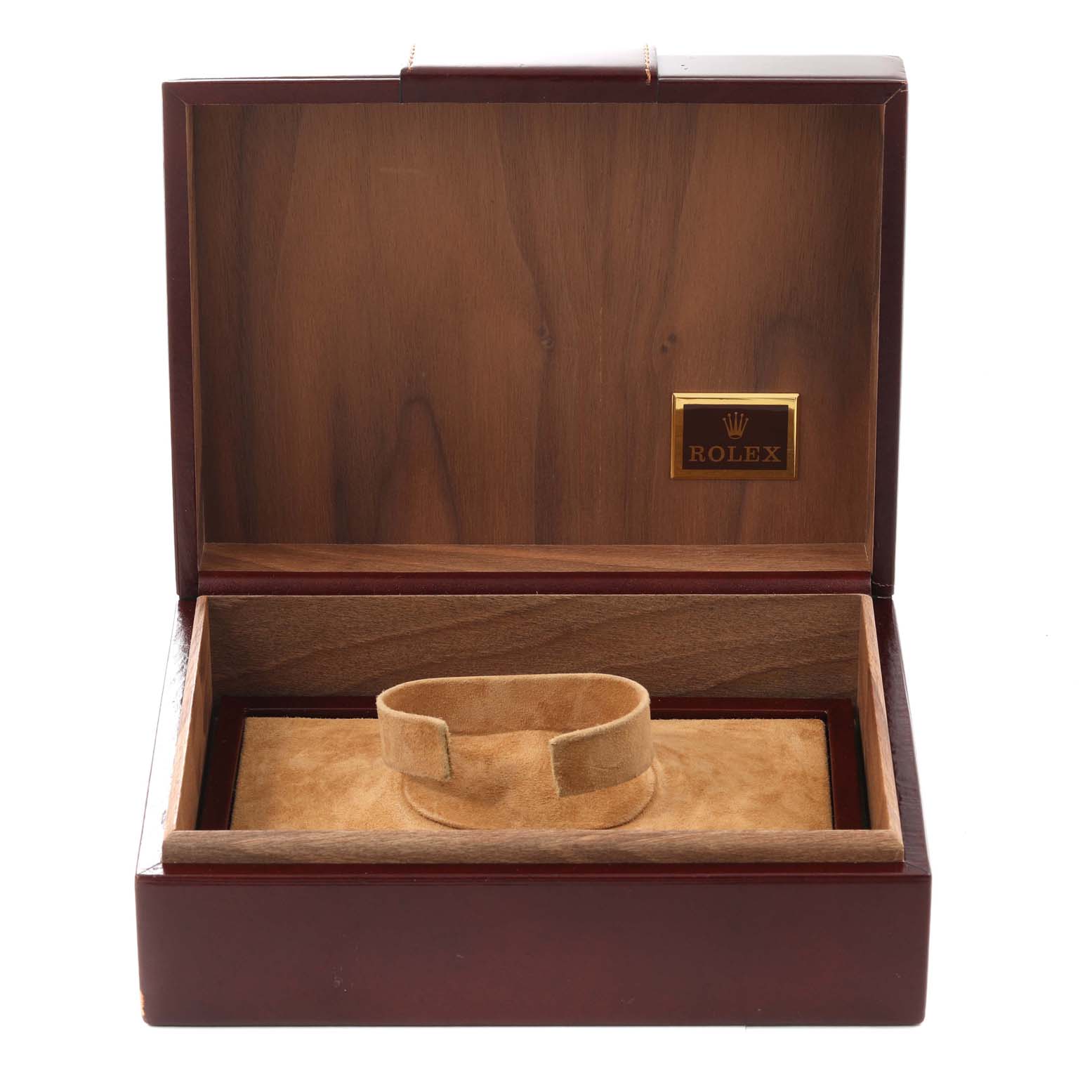 The image shows a Rolex President 18238 Men's Yellow Gold Champagne Dial 18238 Men's Yellow Gold Champagne Dial watch box open, revealing a suede cushion inside.