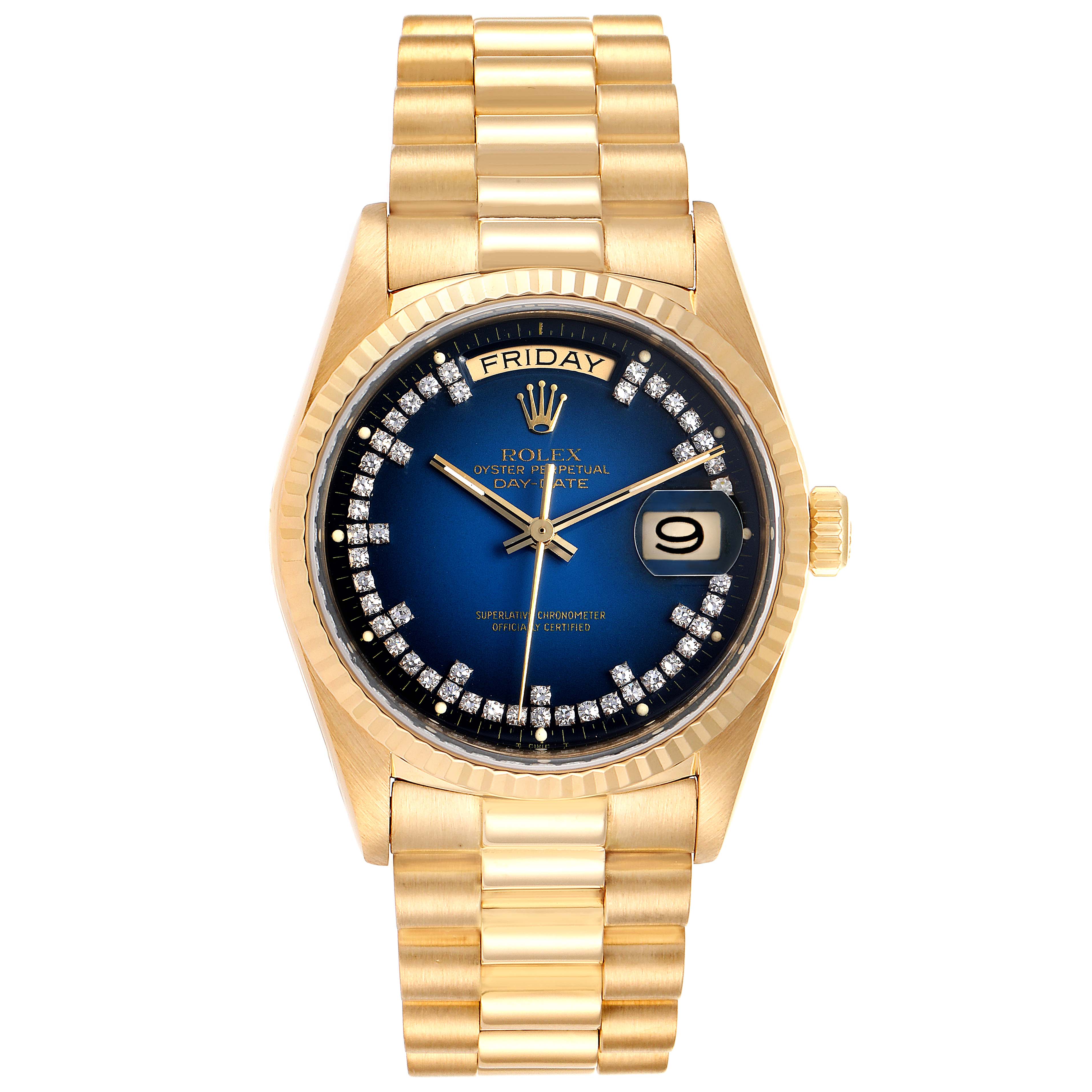 This image shows a front view of the Rolex President 18038 Men's Yellow Gold Blue Dial 18038 Men's Yellow Gold Blue Dial model watch, featuring its blue dial, day-date display, and gold bracelet.