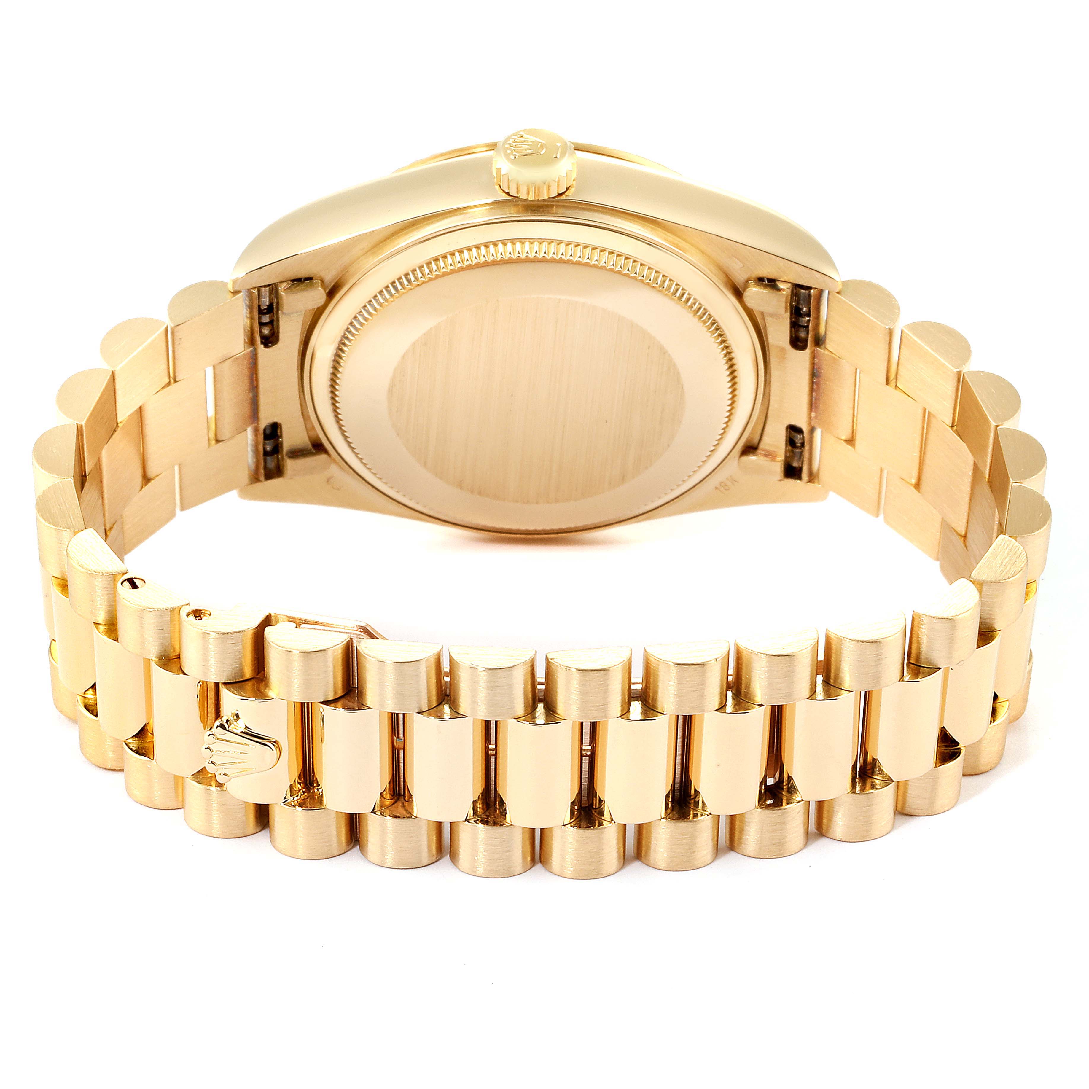 This image shows the backside and bracelet of the Rolex President 18038 Men's Yellow Gold Blue Dial 18038 Men's Yellow Gold Blue Dial model watch, featuring its signature gold design.