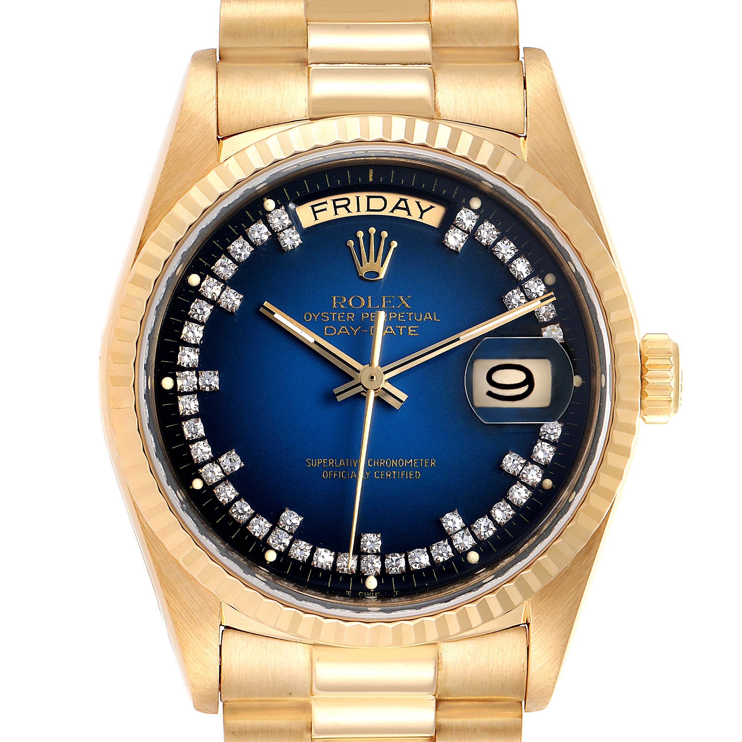 This image shows a frontal view of a Rolex President 18038 Men's Yellow Gold Blue Dial 18038 Men's Yellow Gold Blue Dial model watch, highlighting the dial, hands, date window, and part of the bracelet.