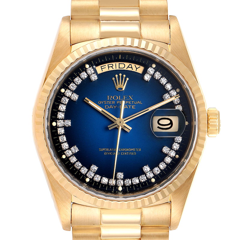 Rolex President Day-Date Yellow Gold String Diamond Dial Mens Watch 18038 SwissWatchExpo