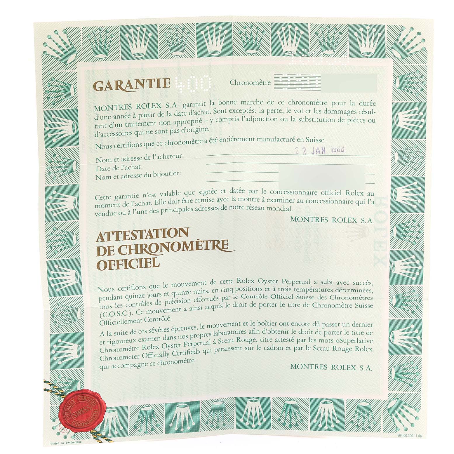 The image shows a warranty and certificate document for a Rolex President 18038 Men's Yellow Gold Blue Dial 18038 Men's Yellow Gold Blue Dial model watch.