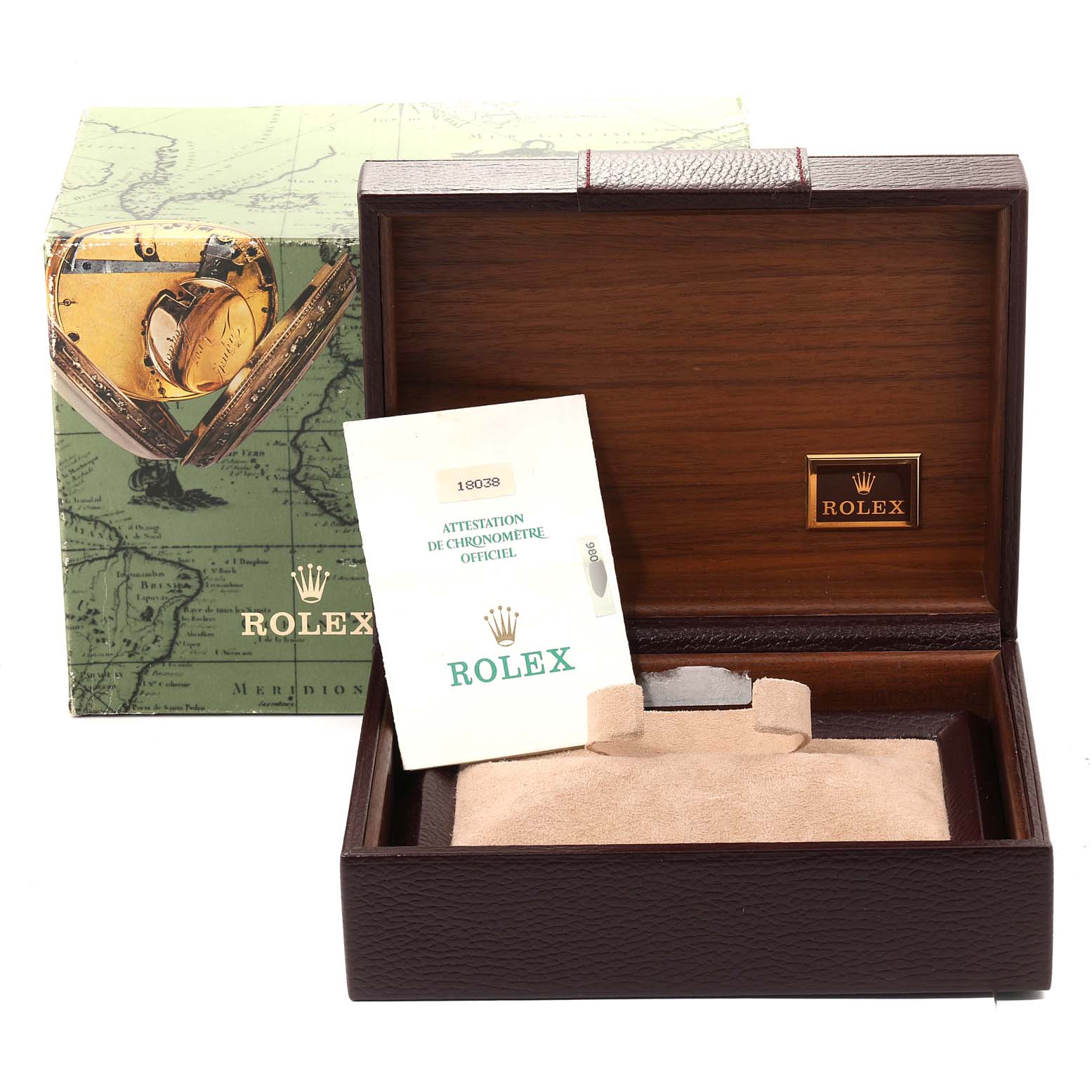 The image shows an open Rolex President 18038 Men's Yellow Gold Blue Dial 18038 Men's Yellow Gold Blue Dial model watch box with a booklet and the outer packaging.