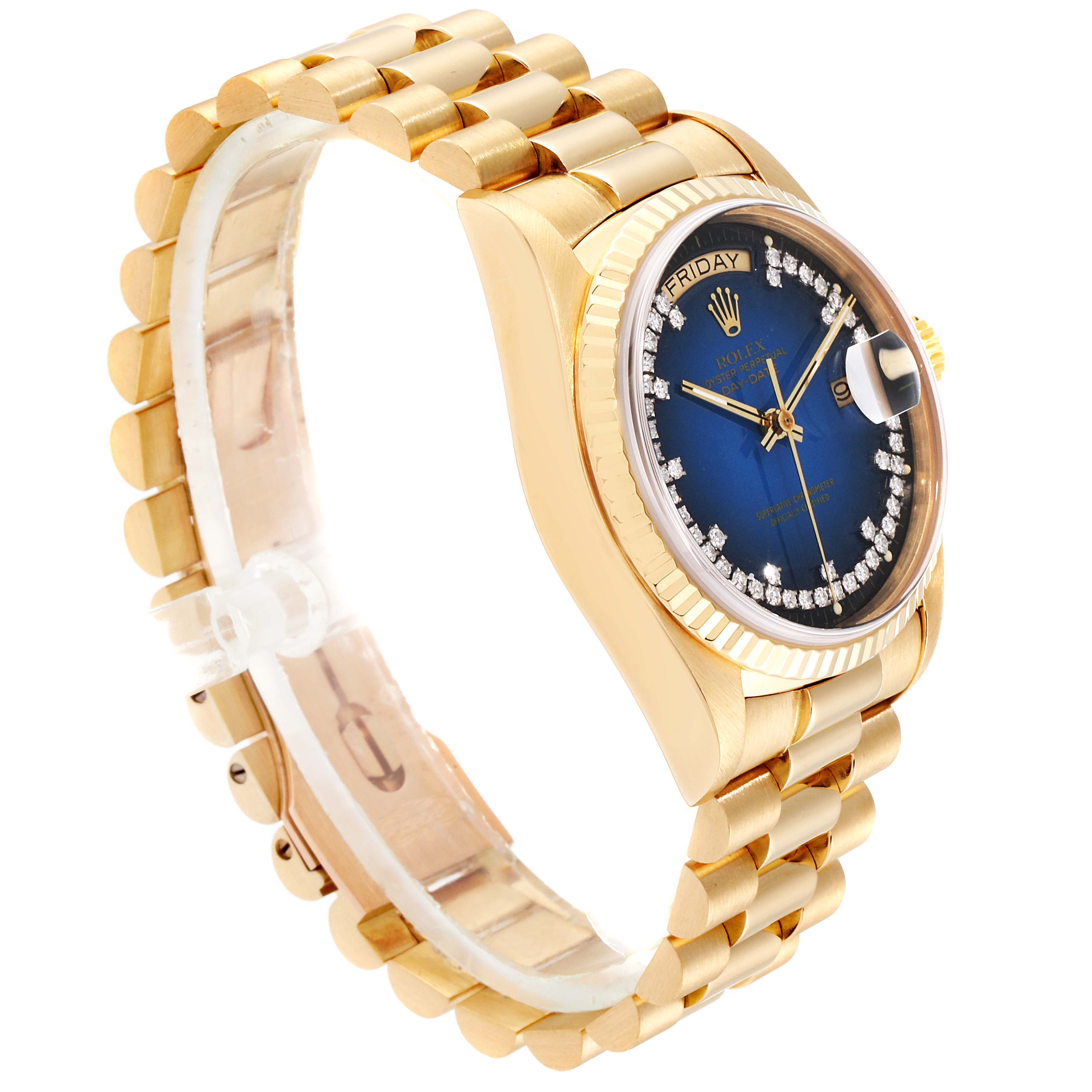 The image shows a Rolex President 18038 Men's Yellow Gold Blue Dial 18038 Men's Yellow Gold Blue Dial model watch from a side angle, displaying the bracelet and blue dial.