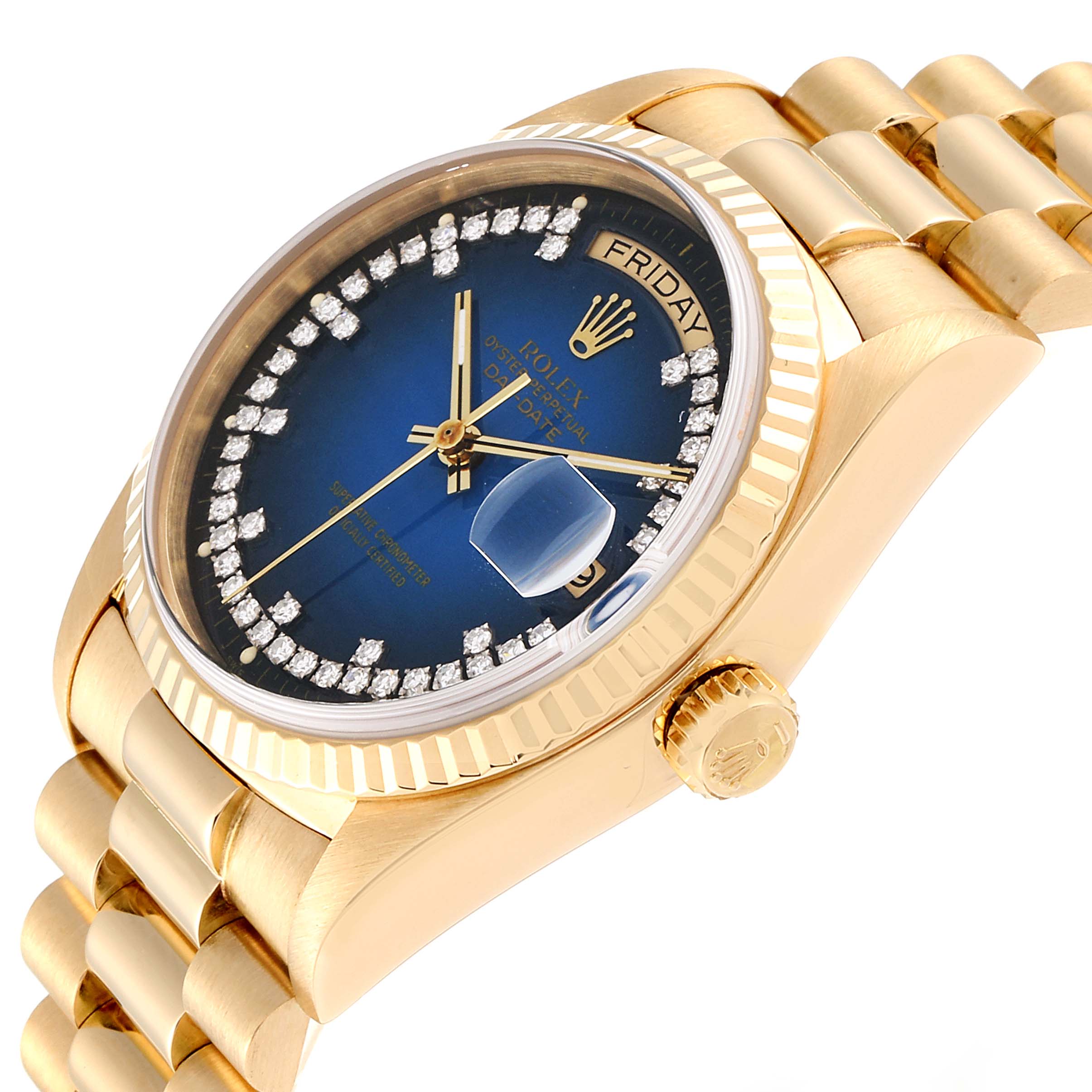This image shows a Rolex President 18038 Men's Yellow Gold Blue Dial 18038 Men's Yellow Gold Blue Dial model watch from a side angle, highlighting its gold case, blue dial, and diamond hour markers.