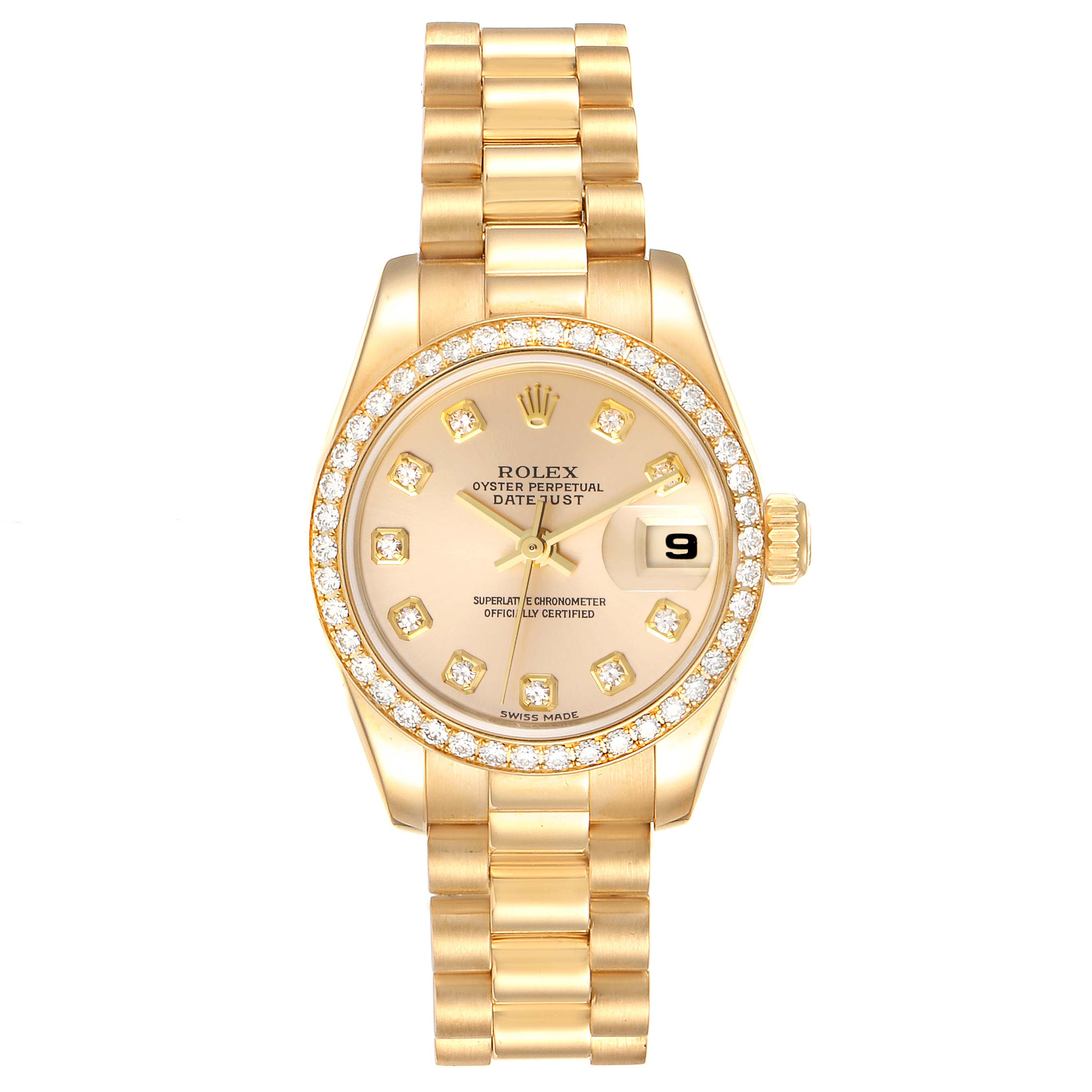 This image shows a Rolex President 179138 Women
s Yellow Gold Champagne Dial 179138 Women
s Yellow Gold Champagne Dial model watch, featuring a front view displaying the dial, bezel, and bracelet.