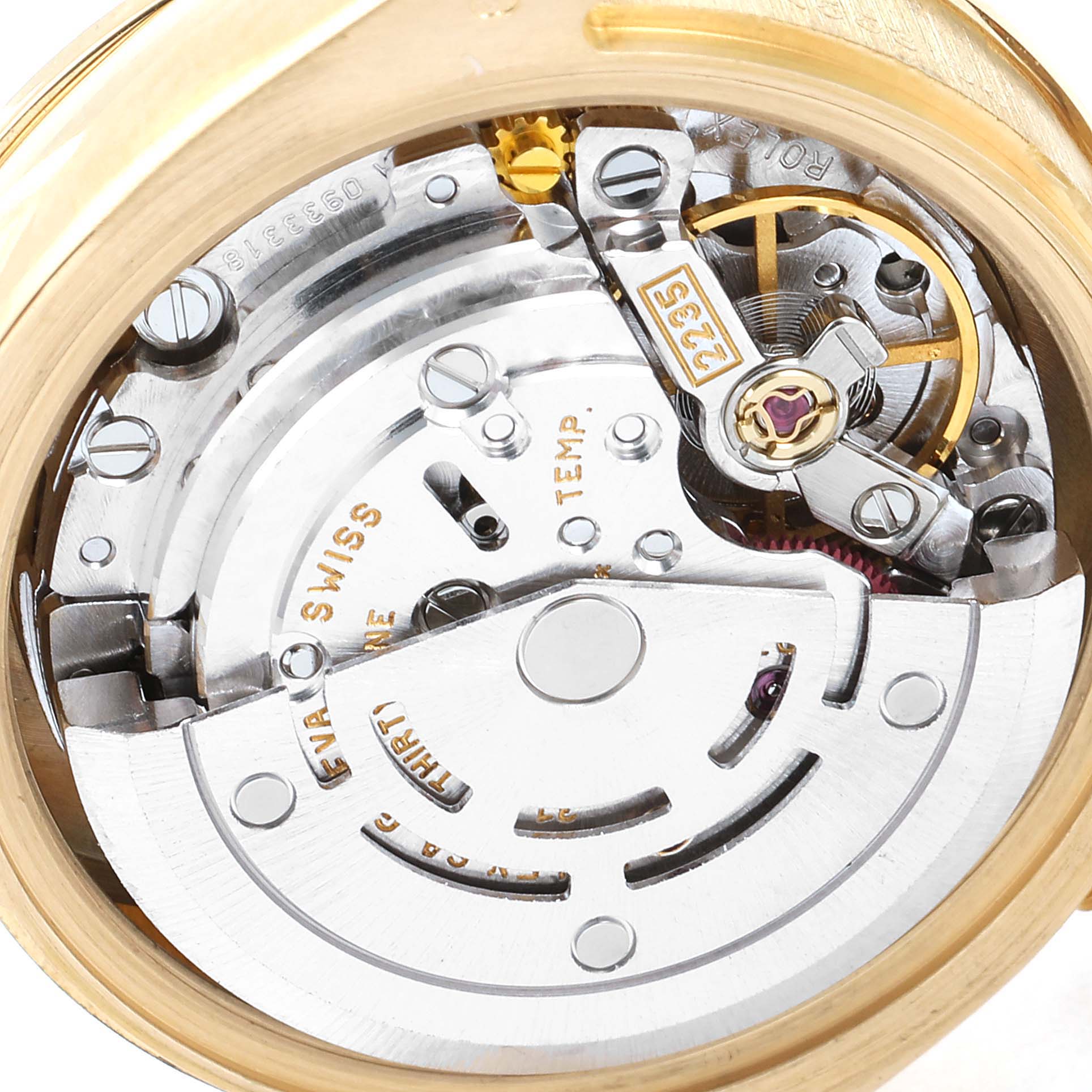This image shows the internal mechanical movement components of a Rolex President 179138 Women
s Yellow Gold Champagne Dial 179138 Women
s Yellow Gold Champagne Dial model watch from a close-up, top-down angle.