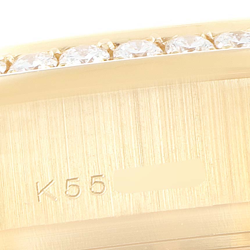 This close-up image shows a portion of the band with diamond accents on a Rolex President 179138 Women
s Yellow Gold Champagne Dial 179138 Women
s Yellow Gold Champagne Dial watch.