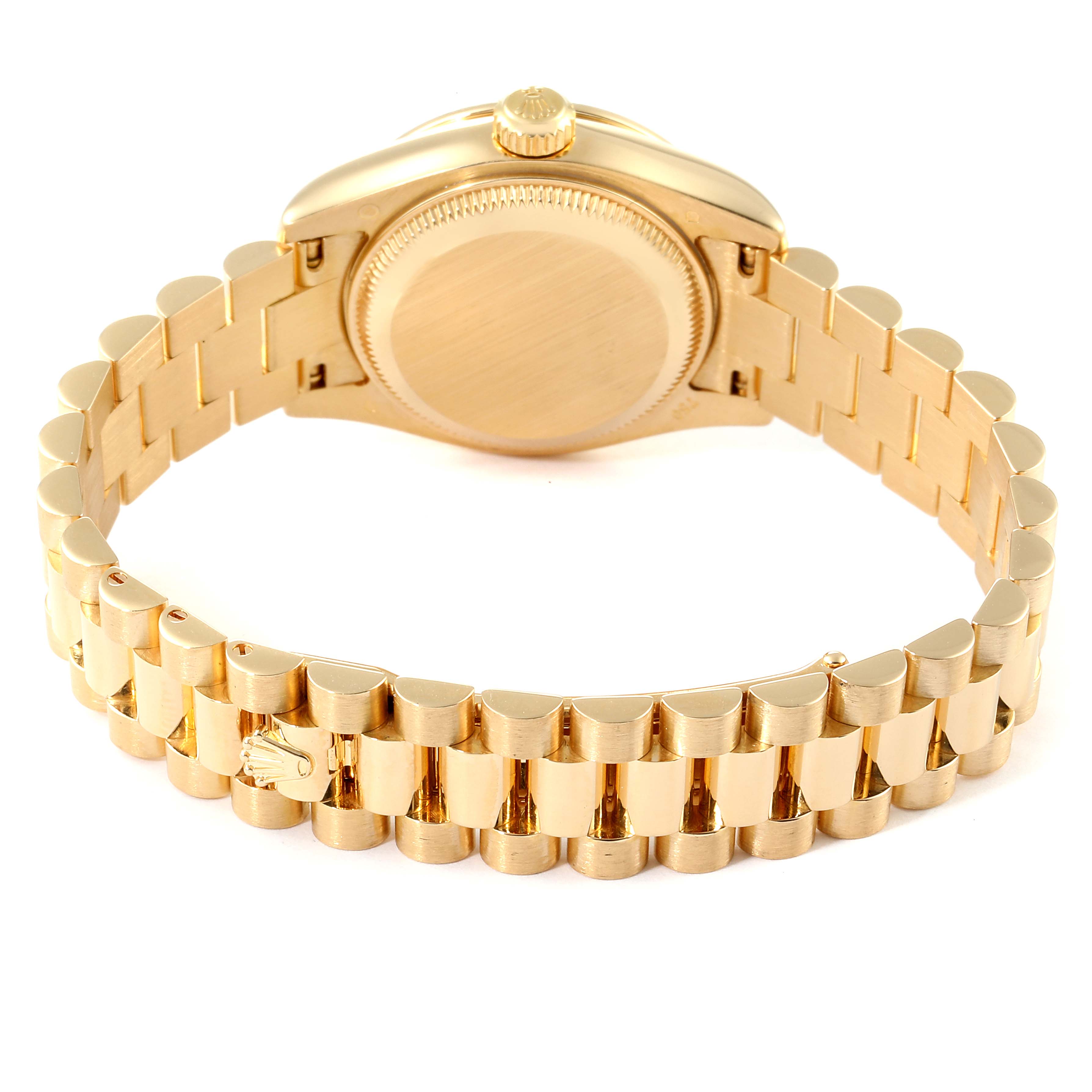 The image shows the backside and bracelet of a Rolex President 179138 Women
s Yellow Gold Champagne Dial 179138 Women
s Yellow Gold Champagne Dial model watch at a rear angle.