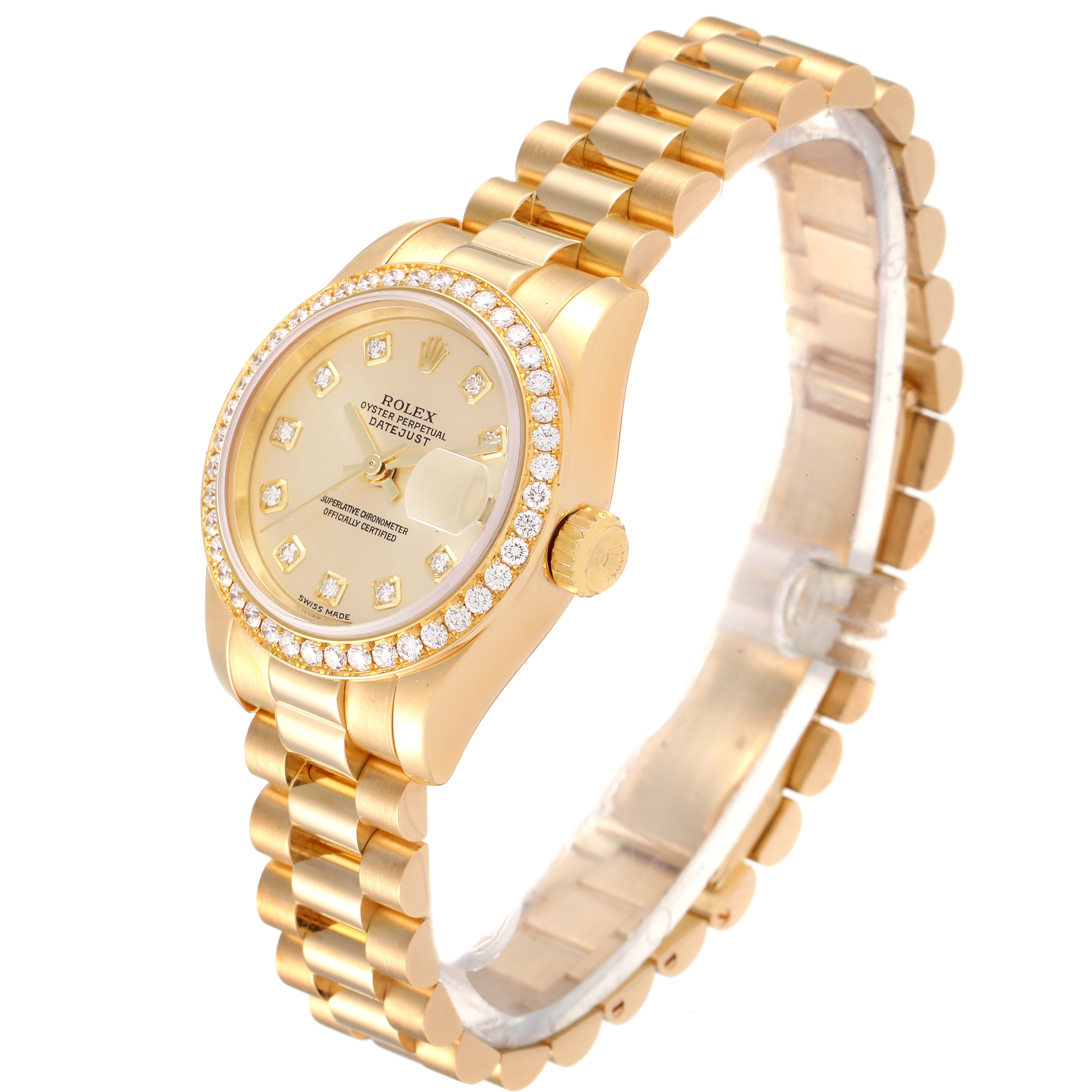 The image shows a side angle of a gold Rolex President 179138 Women
s Yellow Gold Champagne Dial 179138 Women
s Yellow Gold Champagne Dial model watch, highlighting the bracelet, crown, and diamond-encrusted bezel.