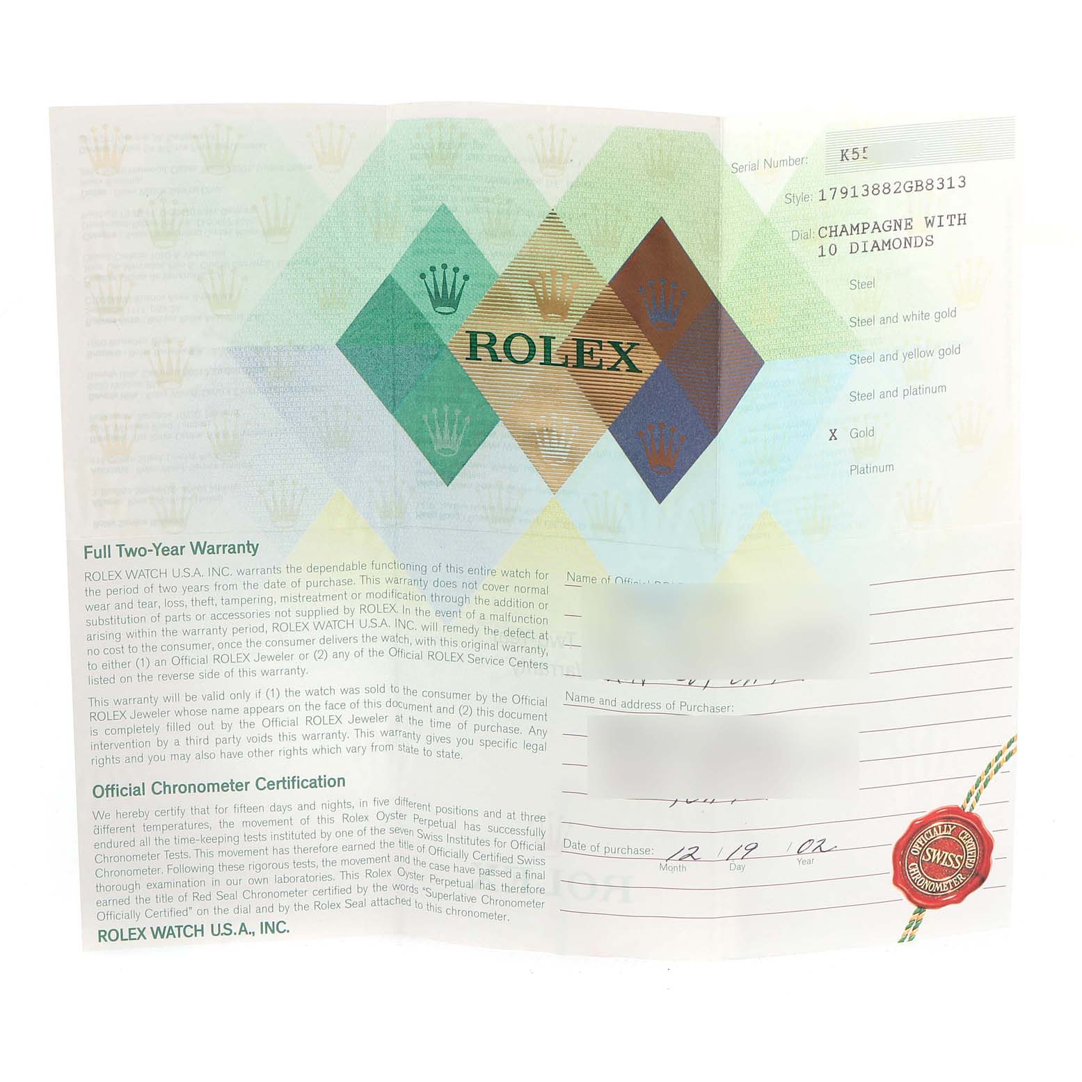 This image shows a warranty card and official documents for a Rolex President 179138 Women
s Yellow Gold Champagne Dial 179138 Women
s Yellow Gold Champagne Dial model watch.