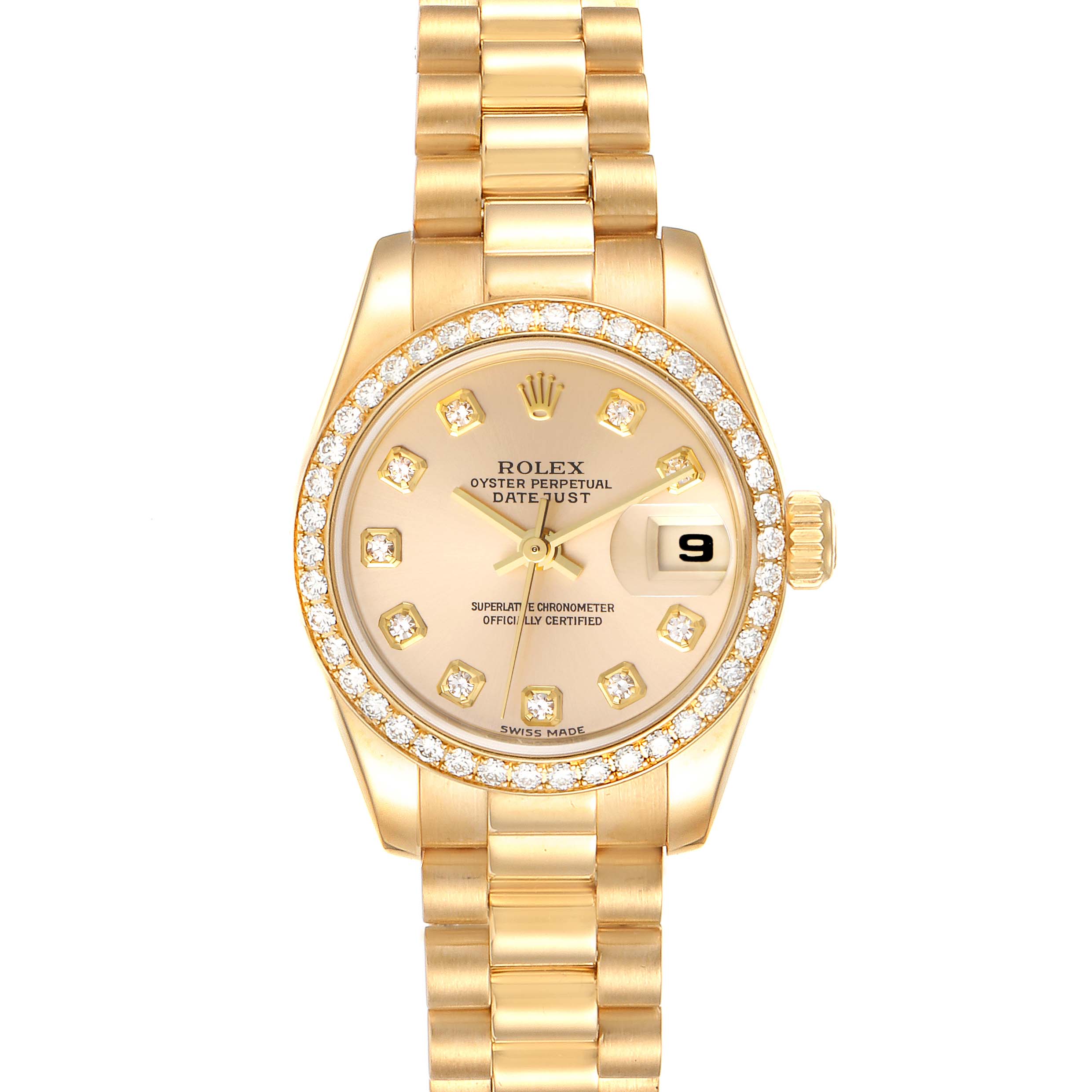 The image shows a front view of a Rolex President 179138 Women
s Yellow Gold Champagne Dial 179138 Women
s Yellow Gold Champagne Dial model watch, highlighting its gold bracelet, diamond bezel, and champagne dial.