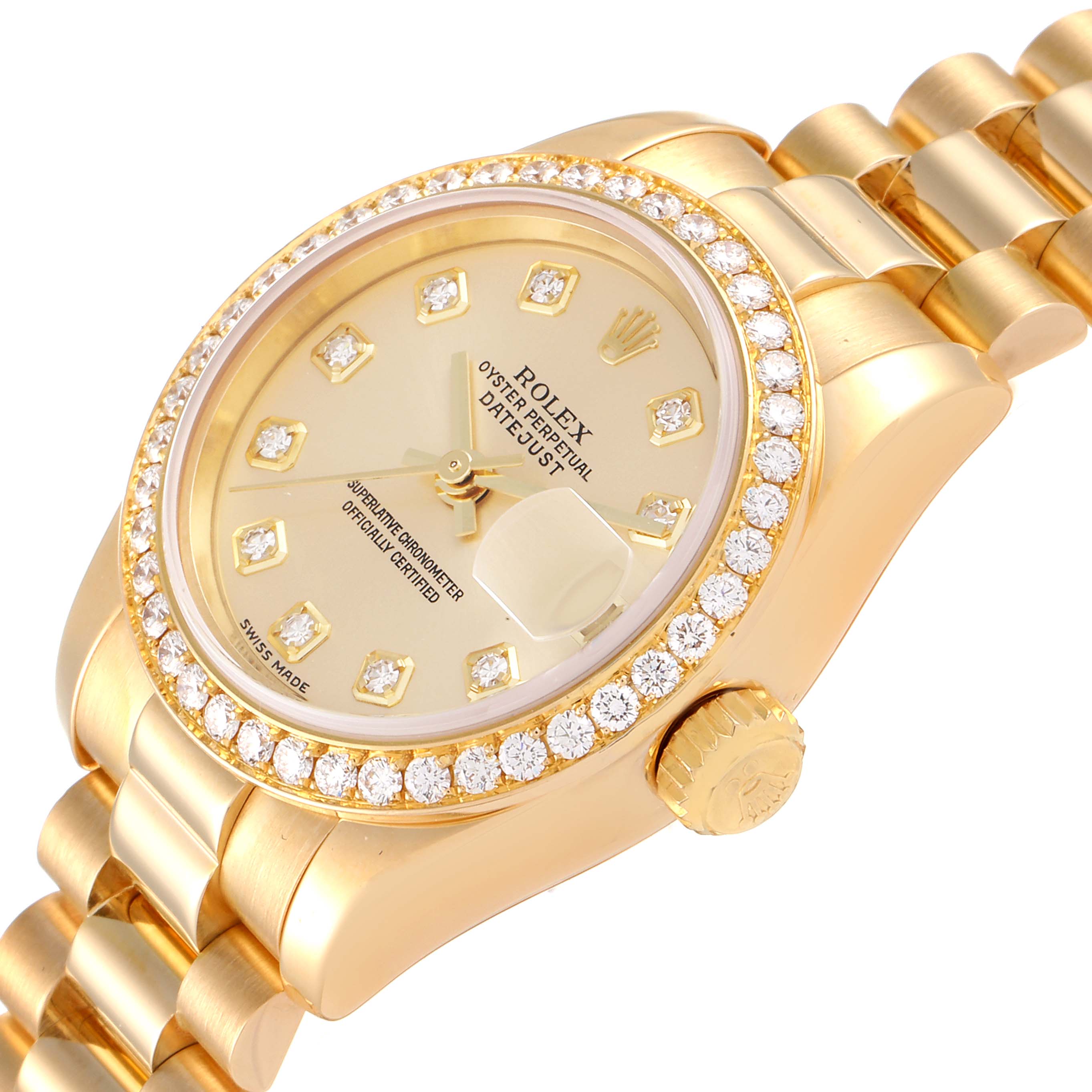 The image shows a close-up angled view of a Rolex President 179138 Women
s Yellow Gold Champagne Dial 179138 Women
s Yellow Gold Champagne Dial model watch, highlighting the dial, bezel, and part of the bracelet.