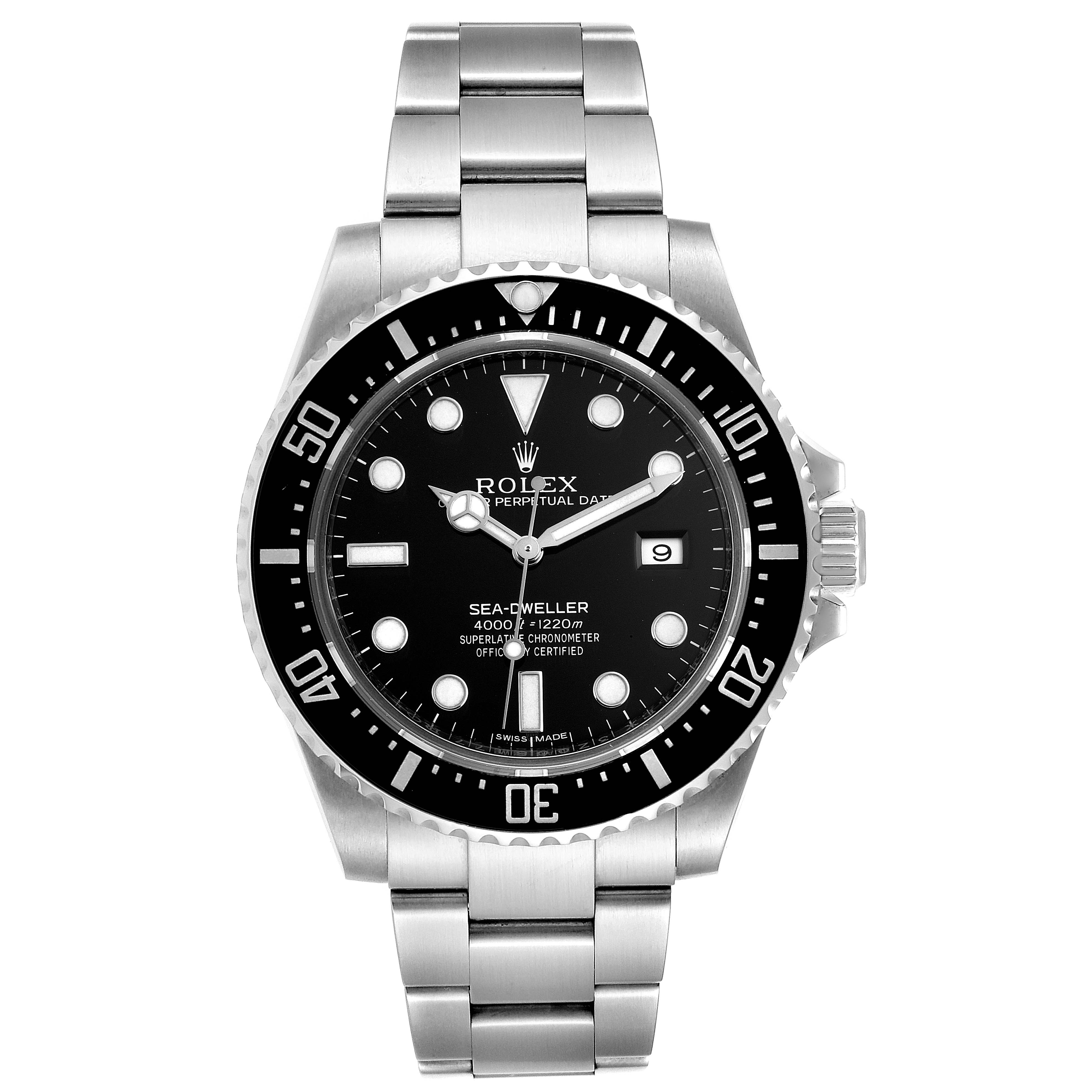 The Rolex Sea-Dweller 116600 Men
s Stainless Steel Black Dial 116600 Men
s Stainless Steel Black Dial watch is shown from a front angle, displaying the face, bezel, and bracelet.