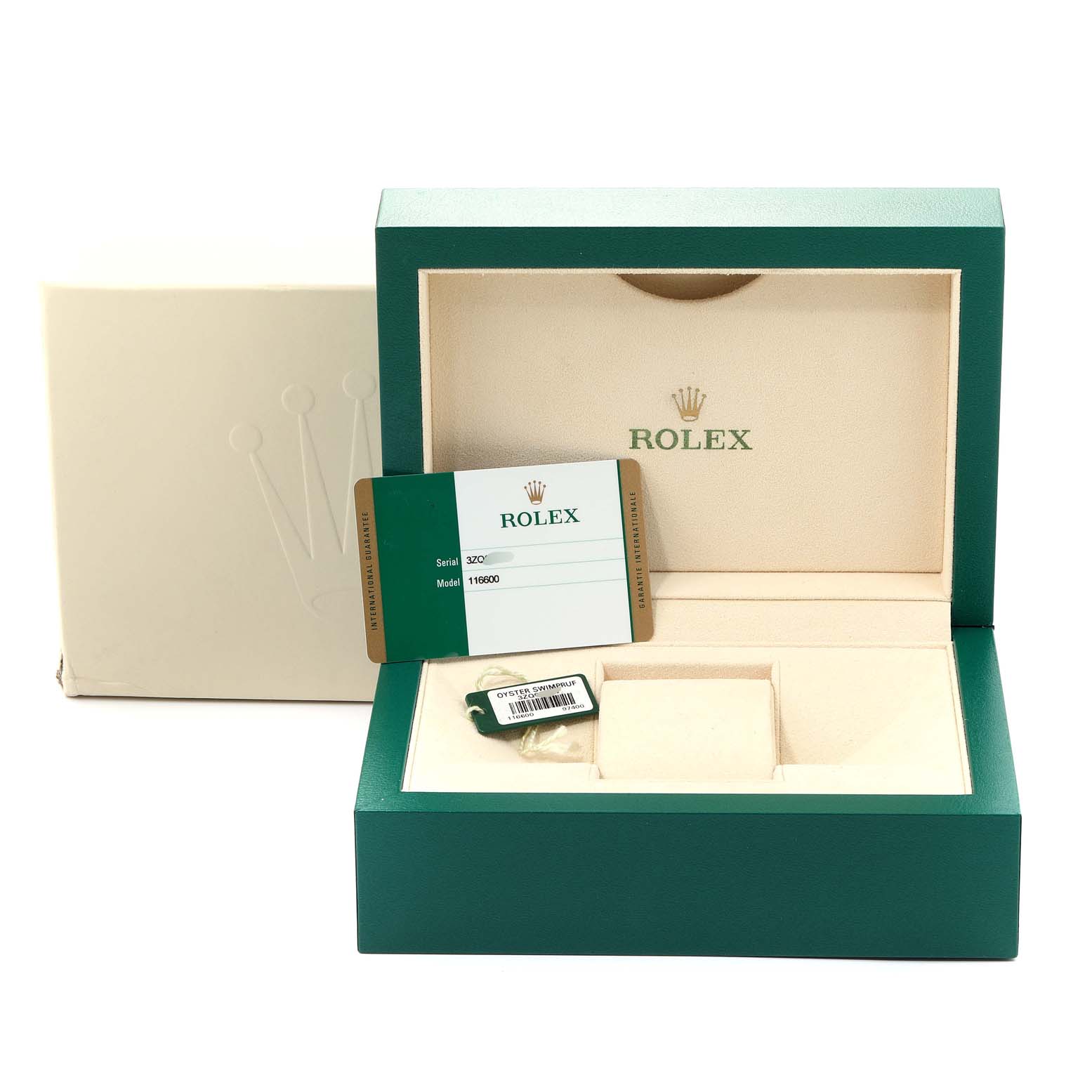 The image shows the packaging and accessories for a Rolex Sea-Dweller 116600 Men
s Stainless Steel Black Dial 116600 Men
s Stainless Steel Black Dial watch, including a card, inside the open box.