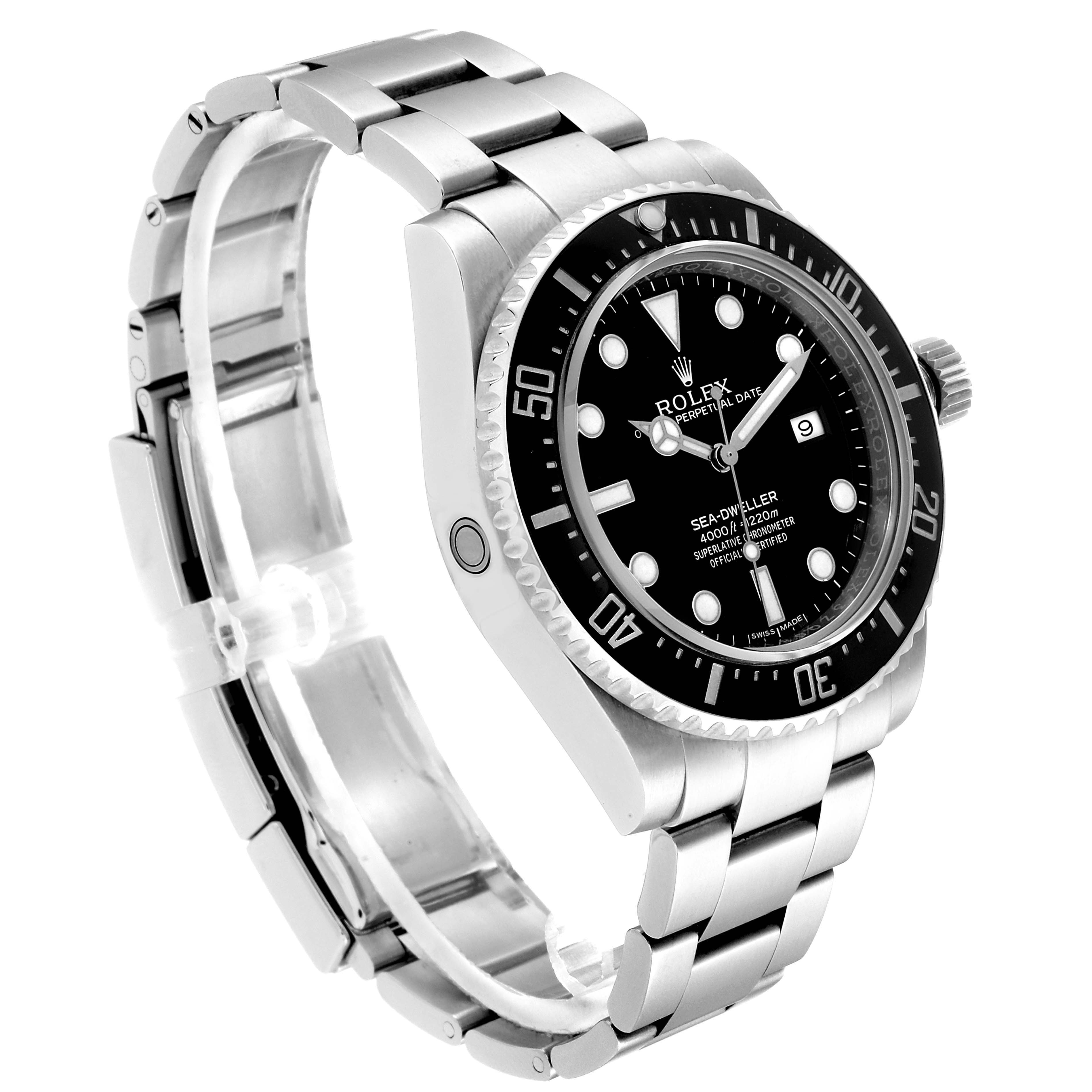 The image shows a side and partial front view of a Rolex Sea-Dweller 116600 Men
s Stainless Steel Black Dial 116600 Men
s Stainless Steel Black Dial watch, highlighting its bracelet, bezel, and face.