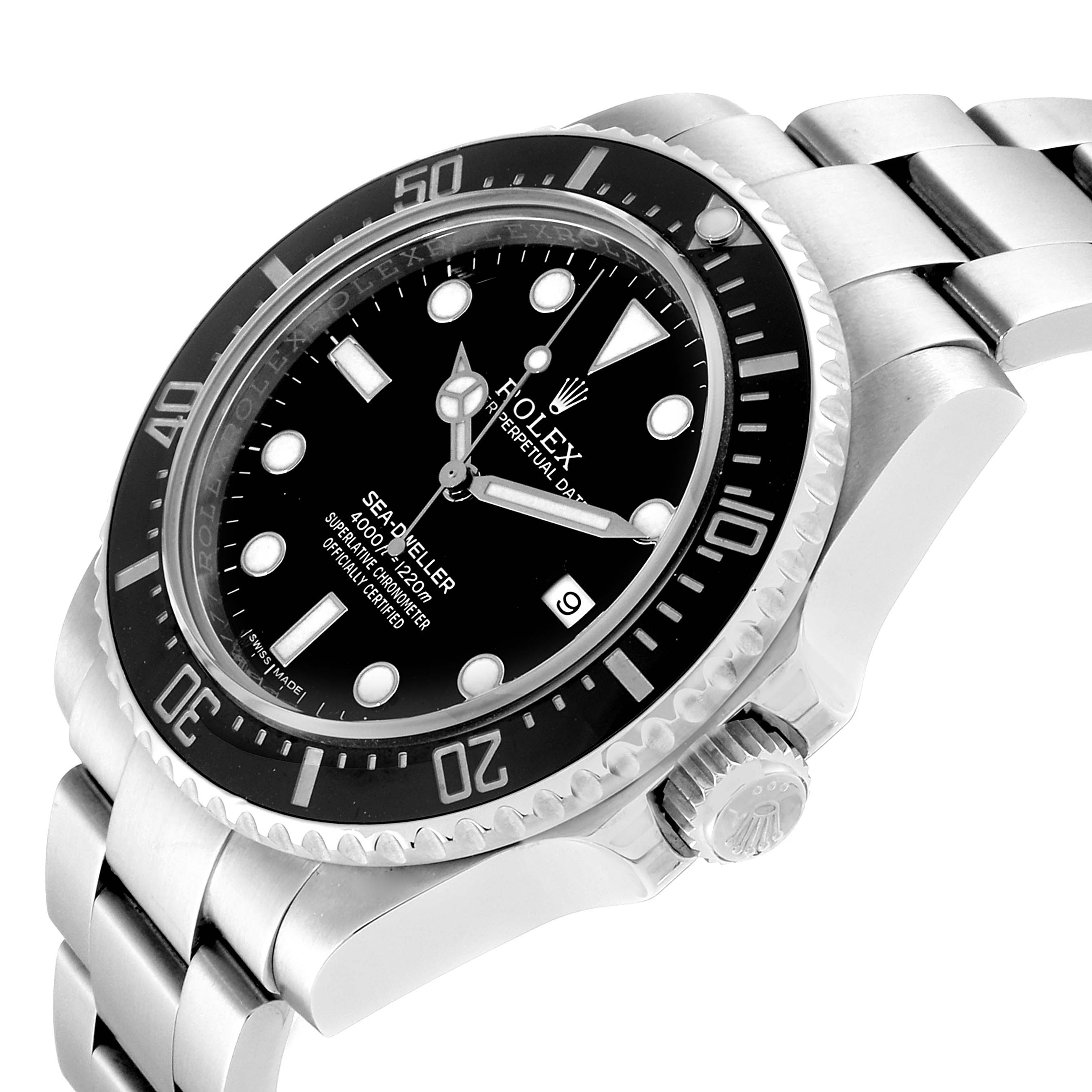 The image shows a Rolex Sea-Dweller 116600 Men
s Stainless Steel Black Dial 116600 Men
s Stainless Steel Black Dial watch from an angled top view, highlighting the face, bezel, crown, and bracelet.
