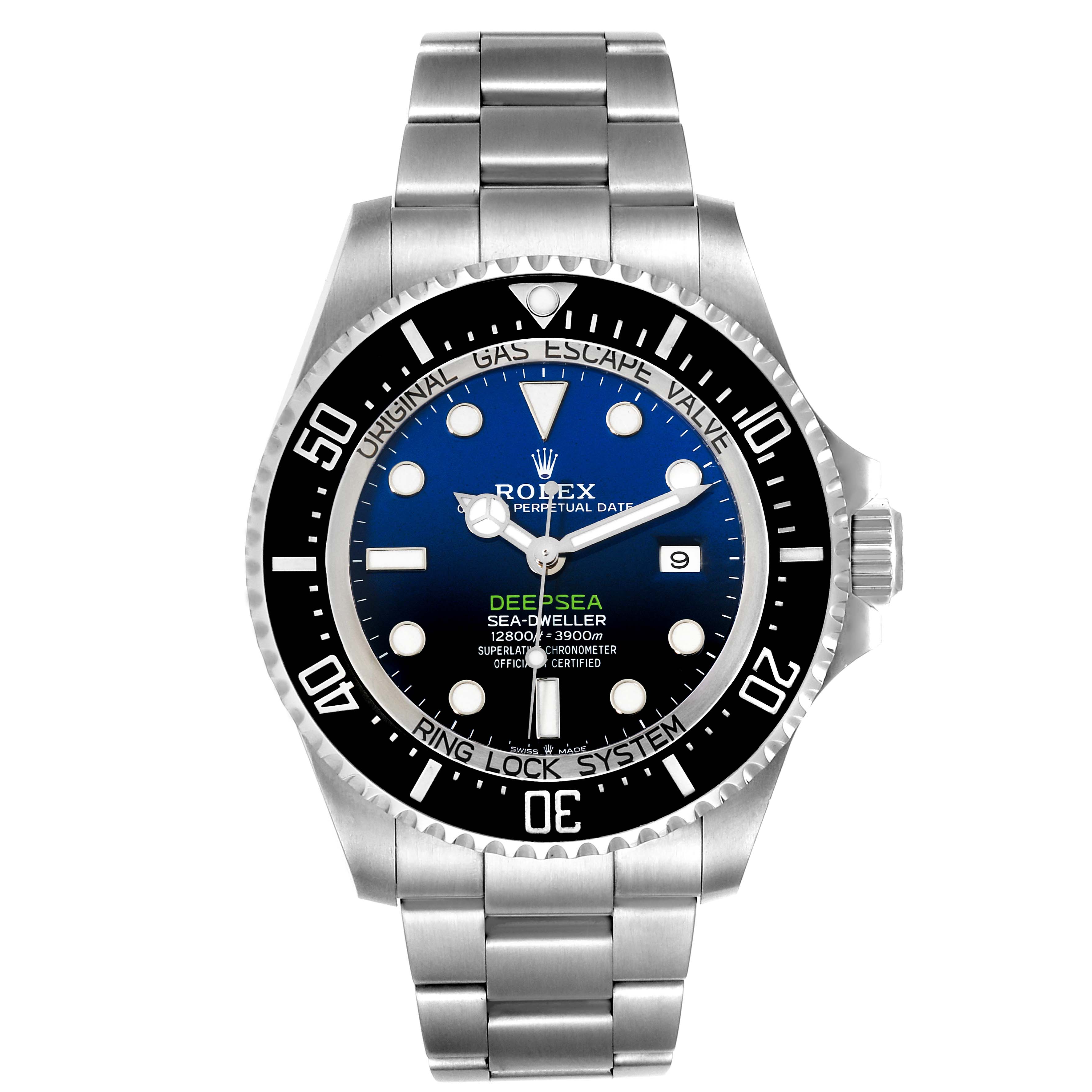 The image shows a frontal view of the Rolex Sea-Dweller 126660 Men
s Stainless Steel Blue Dial 126660 Men
s Stainless Steel Blue Dial watch, highlighting the dial, bezel, and bracelet.