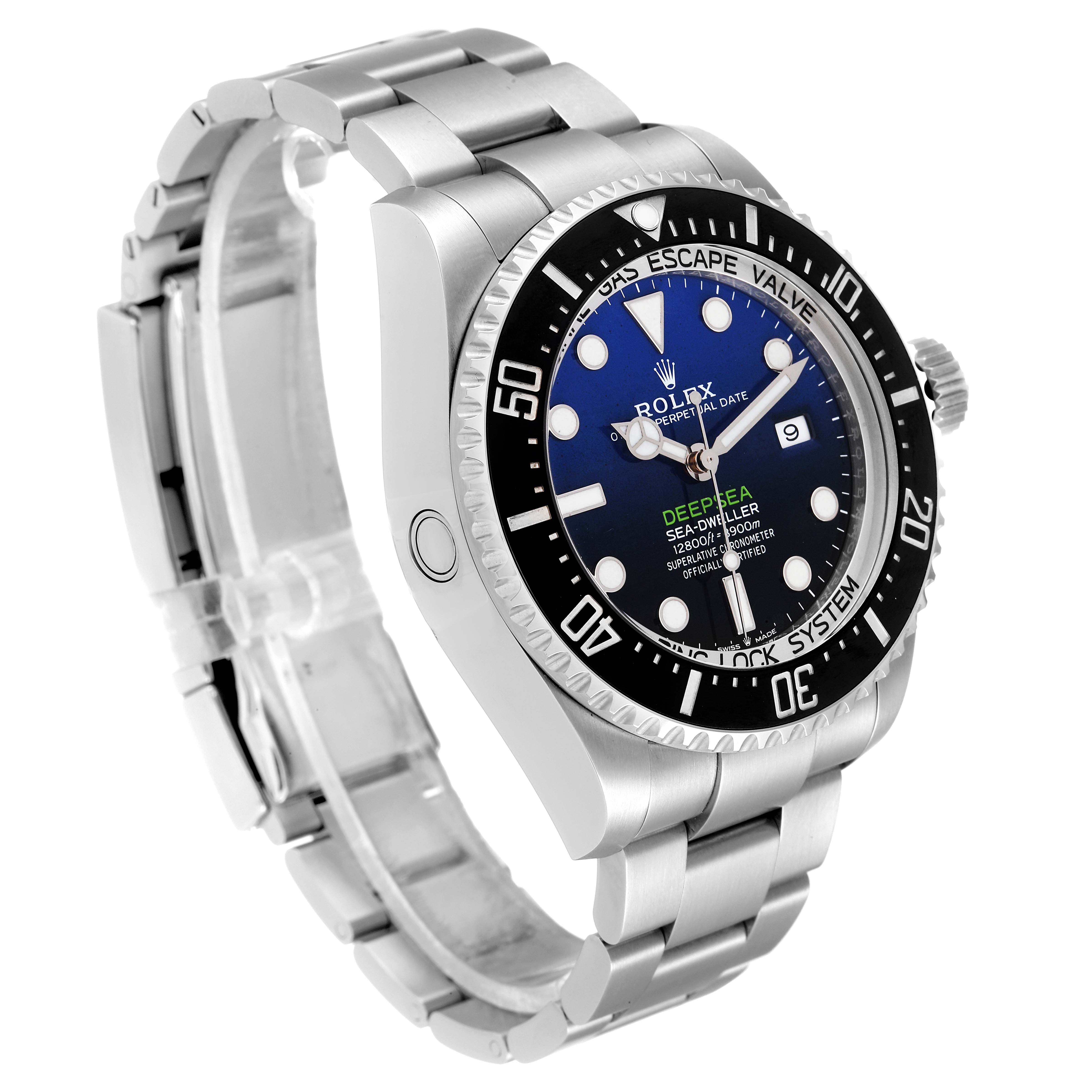 The image shows a Rolex Sea-Dweller 126660 Men
s Stainless Steel Blue Dial 126660 Men
s Stainless Steel Blue Dial watch from an angled side view, featuring its face, bezel, crown, and stainless steel bracelet.