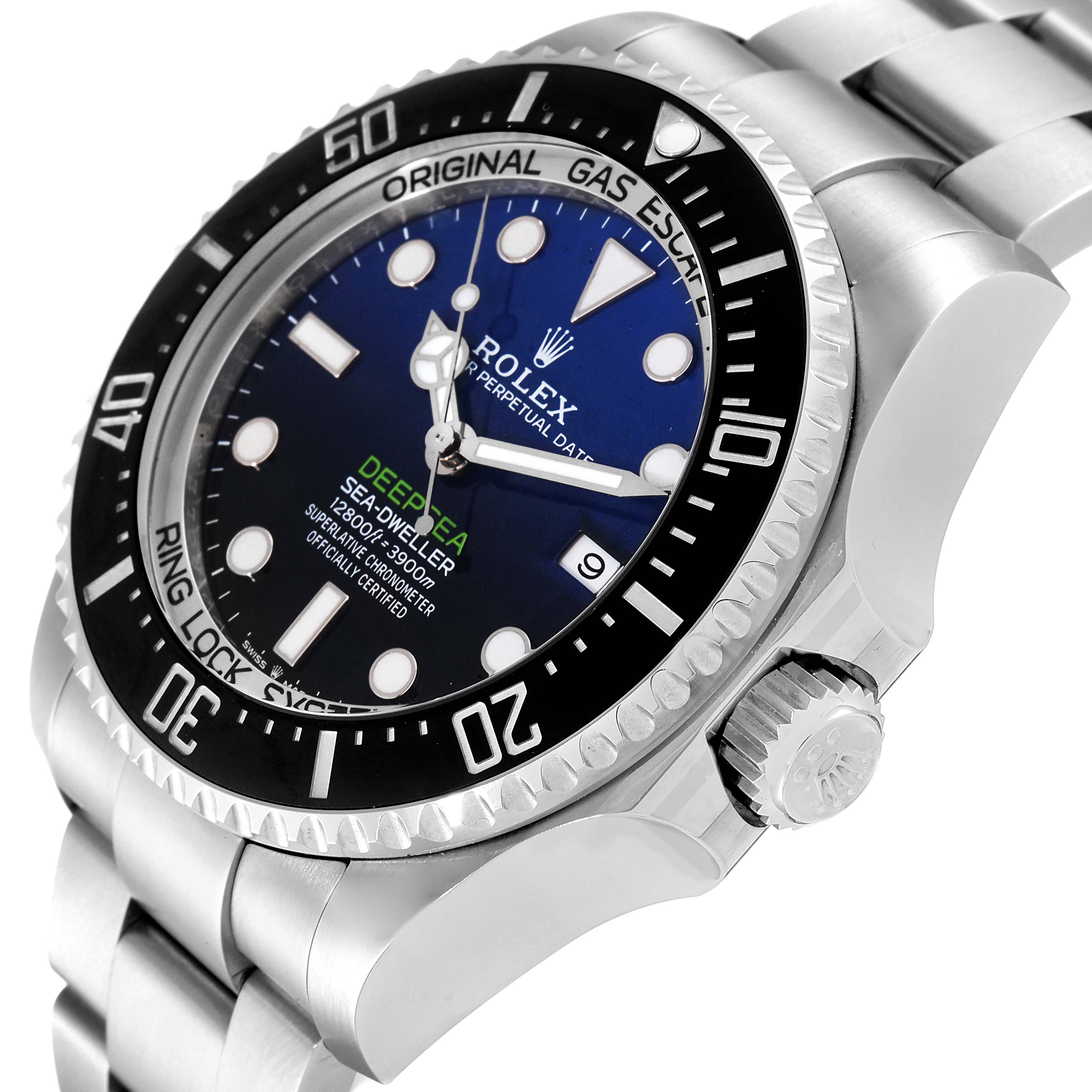 The image shows a close-up angle of the Rolex Sea-Dweller 126660 Men
s Stainless Steel Blue Dial 126660 Men
s Stainless Steel Blue Dial watch, highlighting the face, bezel, and part of the bracelet.