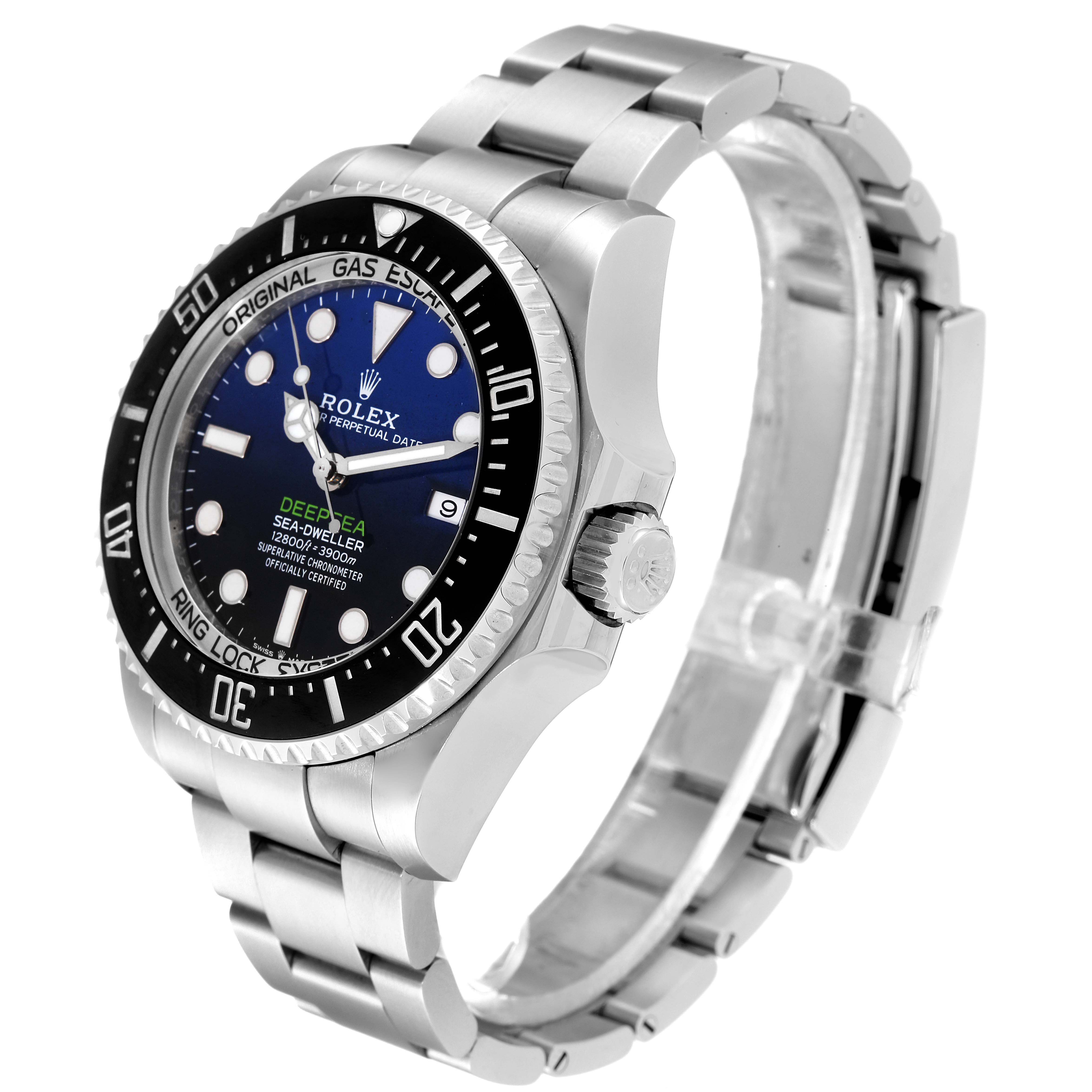 The image shows a side view of the Rolex Sea-Dweller 126660 Men
s Stainless Steel Blue Dial 126660 Men
s Stainless Steel Blue Dial watch, highlighting the bezel, dial, crown, and bracelet.