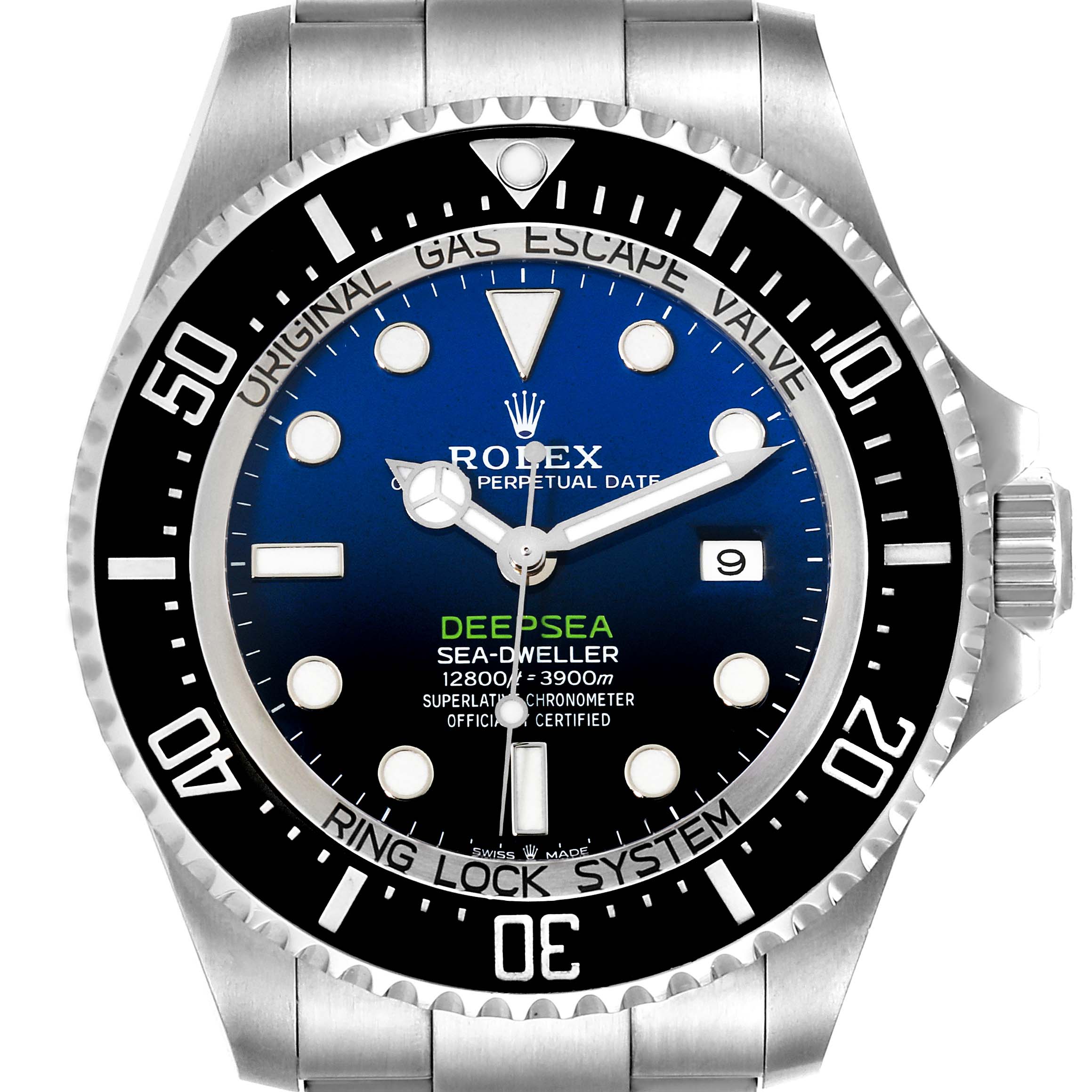 The image shows a frontal view of a Rolex Sea-Dweller 126660 Men
s Stainless Steel Blue Dial 126660 Men
s Stainless Steel Blue Dial Deepsea watch, featuring its bezel, dial, hands, and date display.
