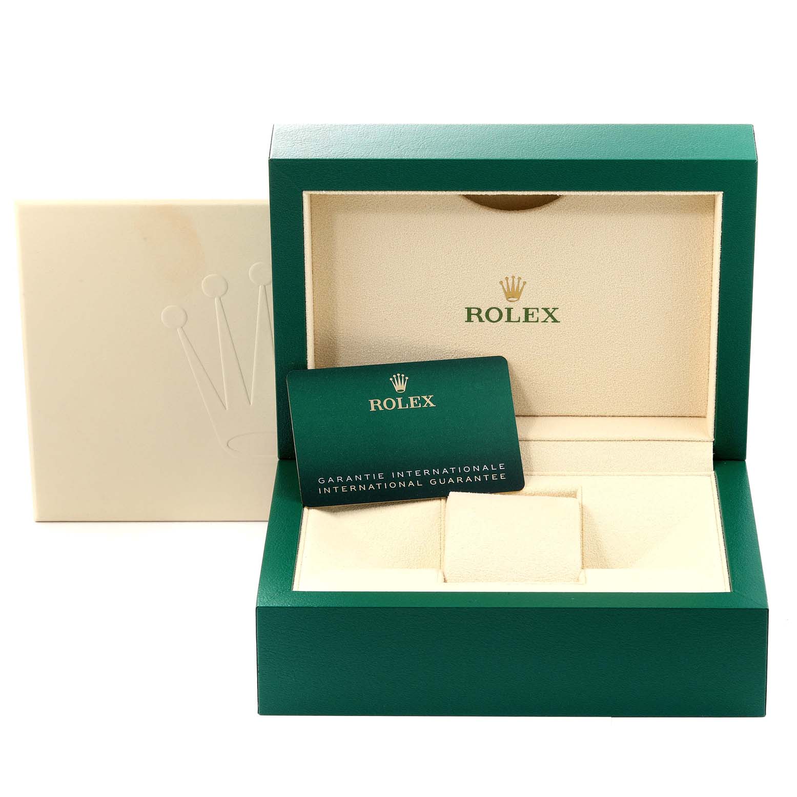 The image shows an open Rolex Sky-Dweller 326934 Men's Stainless Steel Blue Dial 326934 Men's Stainless Steel Blue Dial watch box with an international guarantee card inside.