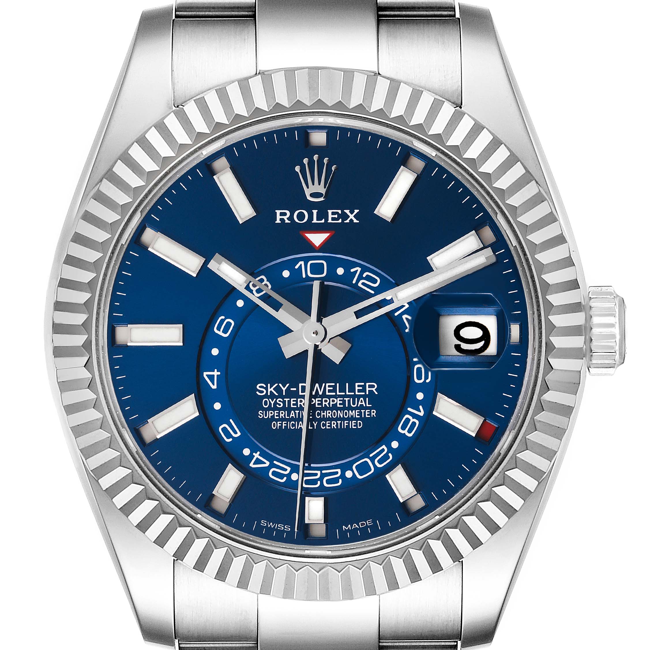 The image shows a close-up frontal view of a Rolex Sky-Dweller 326934 Men's Stainless Steel Blue Dial 326934 Men's Stainless Steel Blue Dial watch, highlighting its blue dial, date window, and fluted bezel.