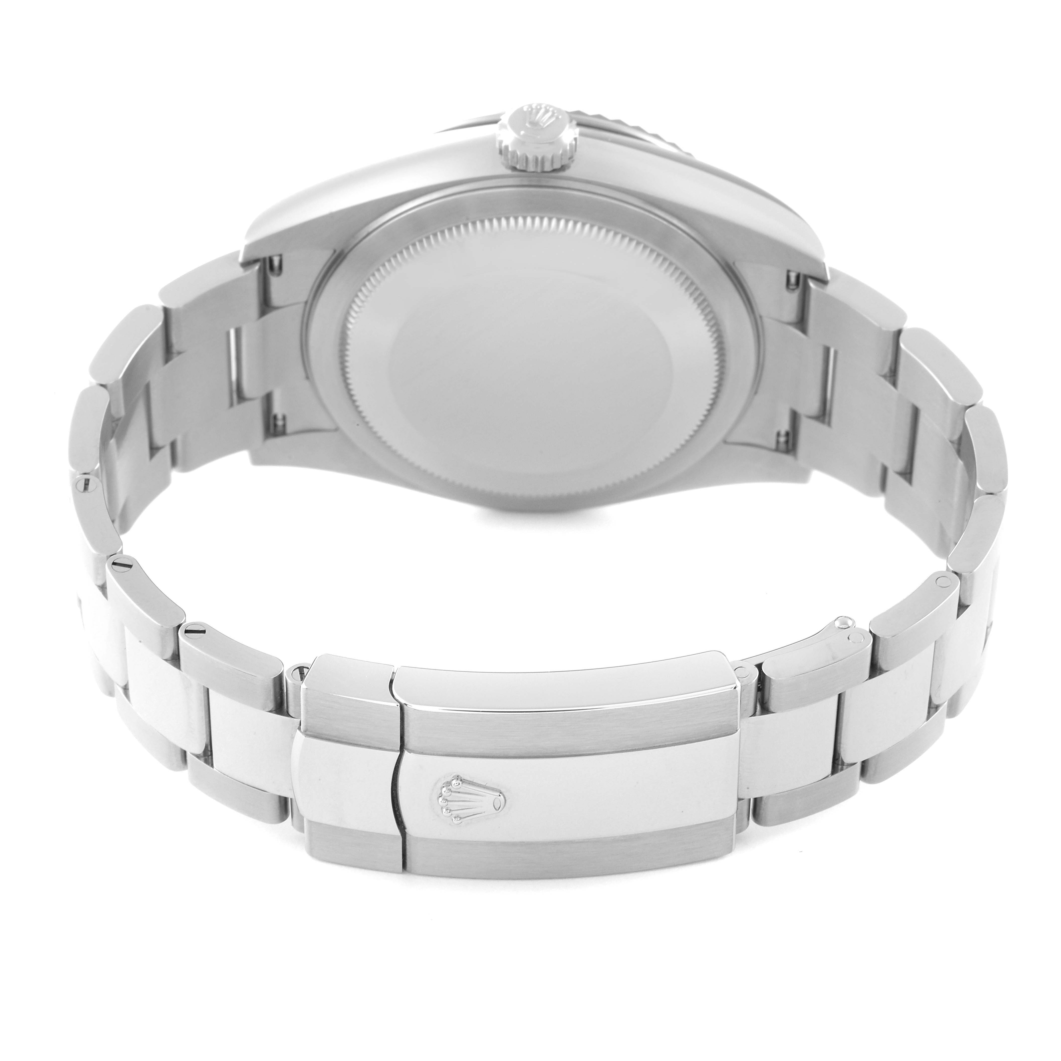 This image shows the back case and bracelet of the Rolex Sky-Dweller 326934 Men's Stainless Steel Blue Dial 326934 Men's Stainless Steel Blue Dial watch viewed from the rear angle.