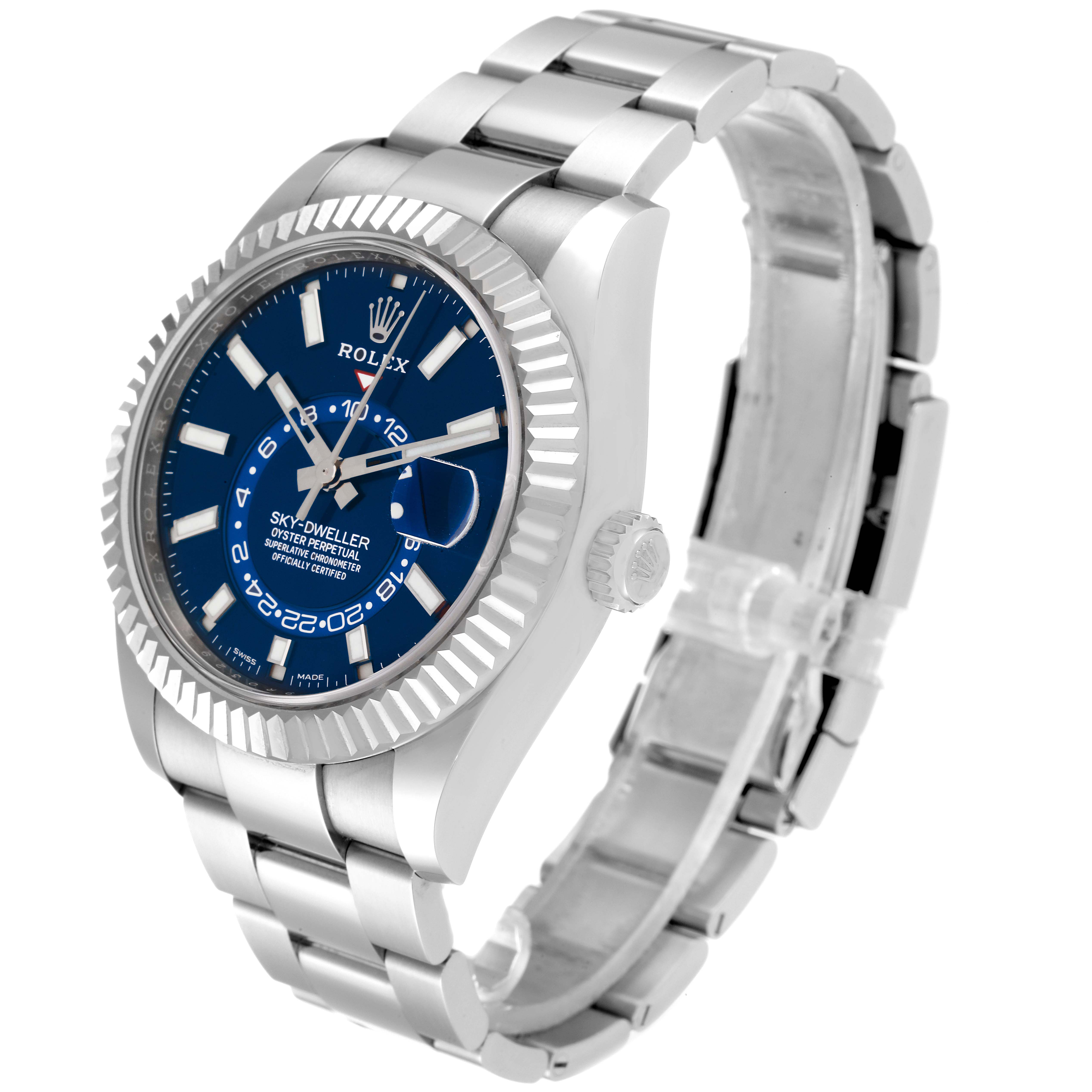 The Rolex Sky-Dweller 326934 Men's Stainless Steel Blue Dial 326934 Men's Stainless Steel Blue Dial watch is shown at an angle that highlights the face, bracelet, and side profile.