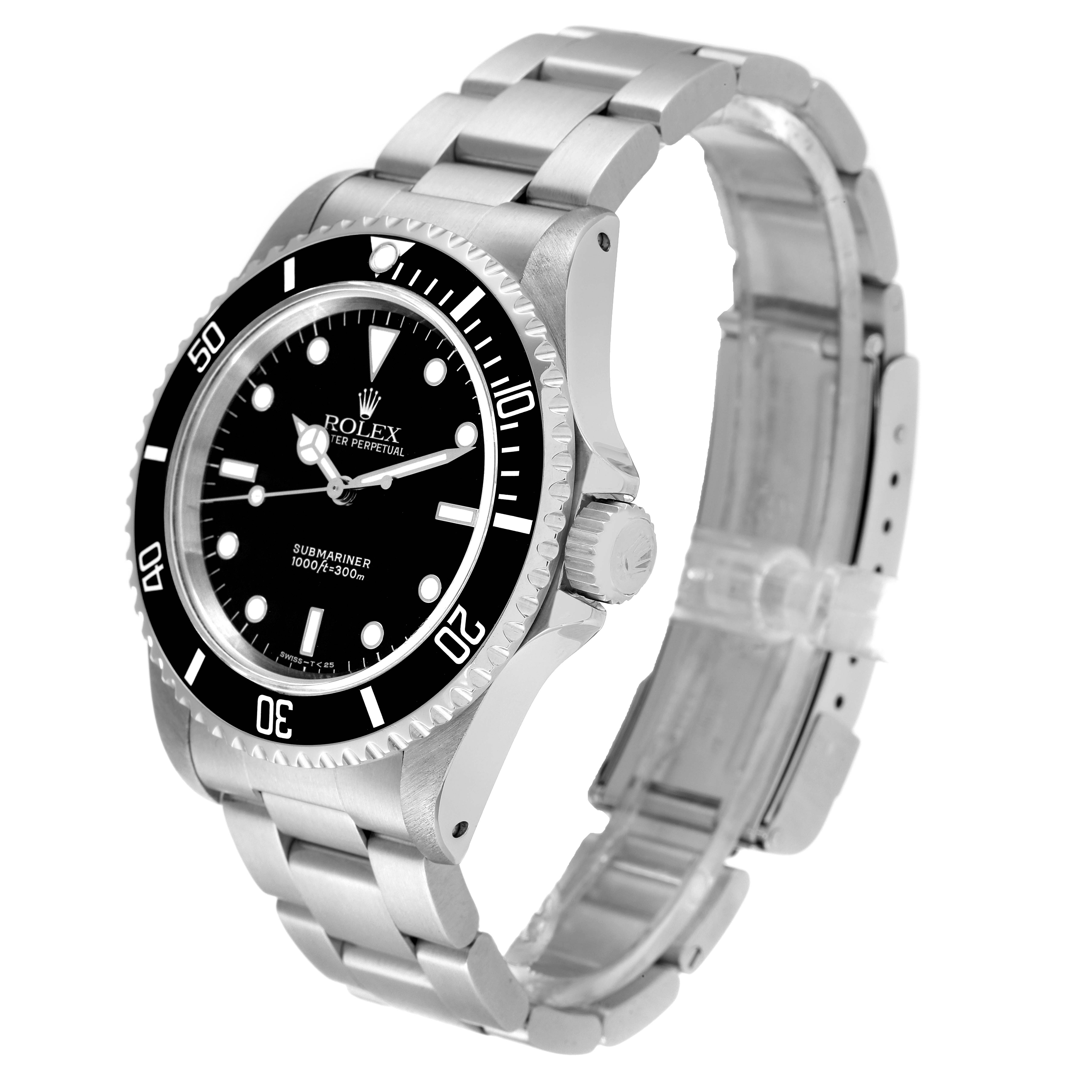 The image shows a side angle of the Rolex Submariner 14060 Men
s Stainless Steel Black Dial 14060 Men
s Stainless Steel Black Dial, highlighting the watch face, bezel, crown, and metal bracelet.