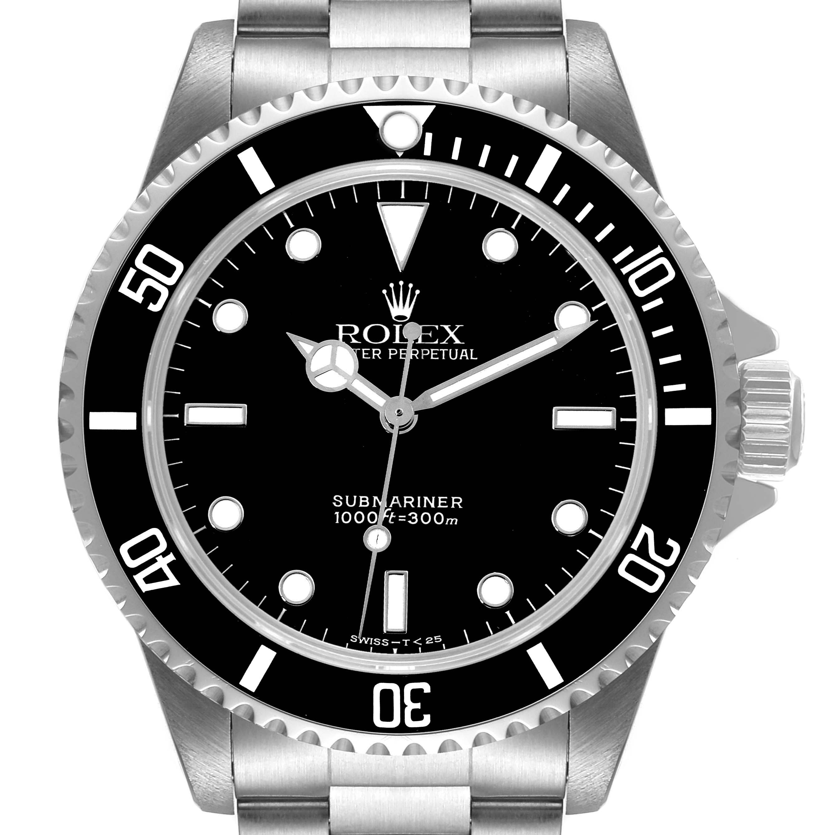 The image shows a front view of the Rolex Submariner 14060 Men
s Stainless Steel Black Dial 14060 Men
s Stainless Steel Black Dial watch, displaying its dial, bezel, crown, and part of the bracelet.