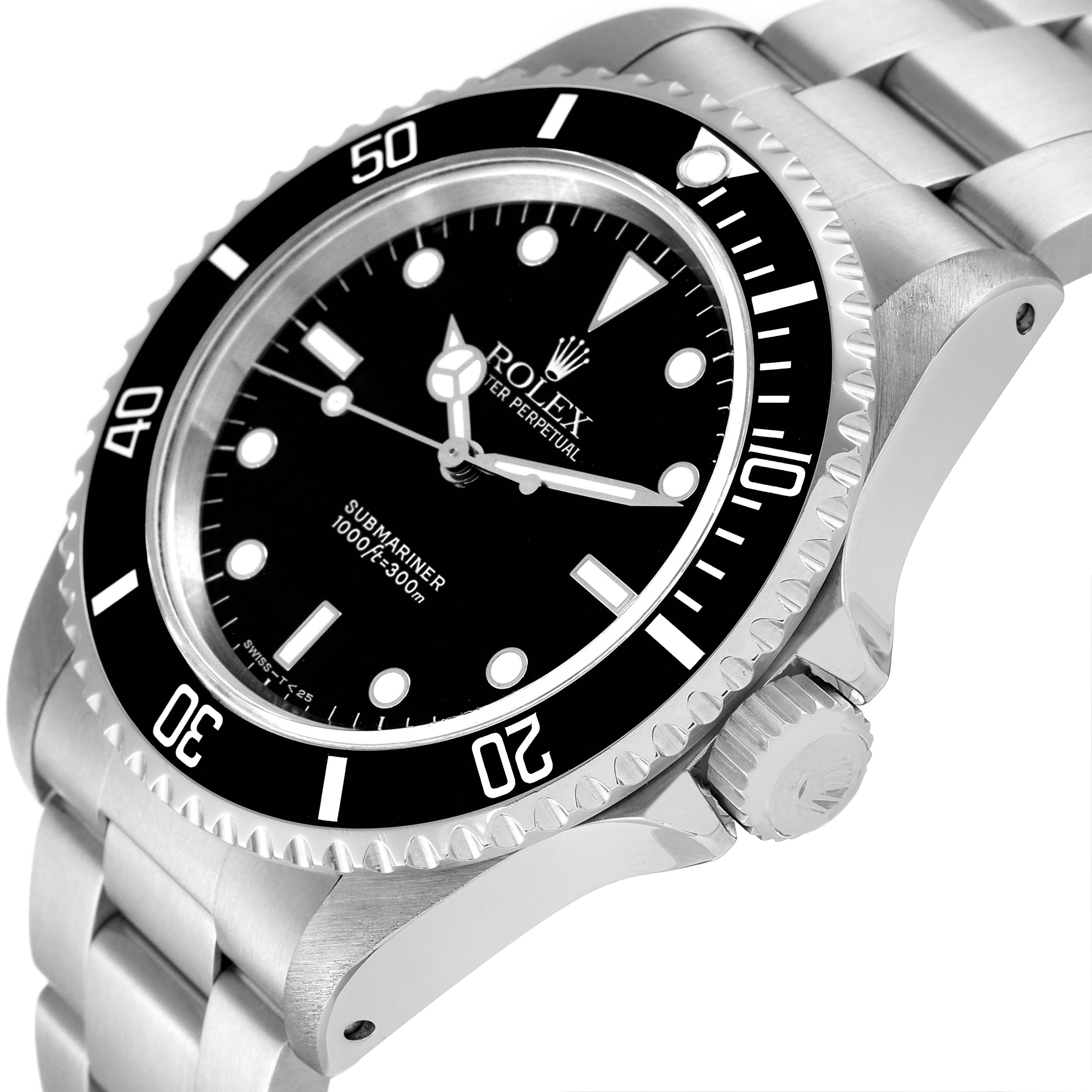 The image shows a close-up angle of the Rolex Submariner 14060 Men
s Stainless Steel Black Dial 14060 Men
s Stainless Steel Black Dial watch face, bezel, crown, and part of the metal bracelet.