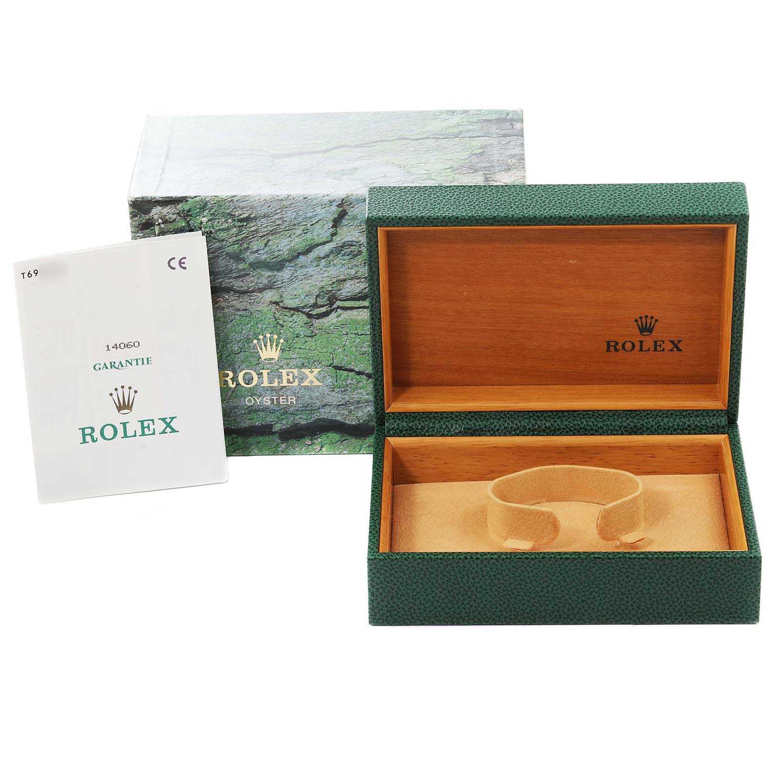 The image shows the box and warranty of a Rolex Submariner 14060 Men
s Stainless Steel Black Dial 14060 Men
s Stainless Steel Black Dial, with the box open to reveal the interior cushion.