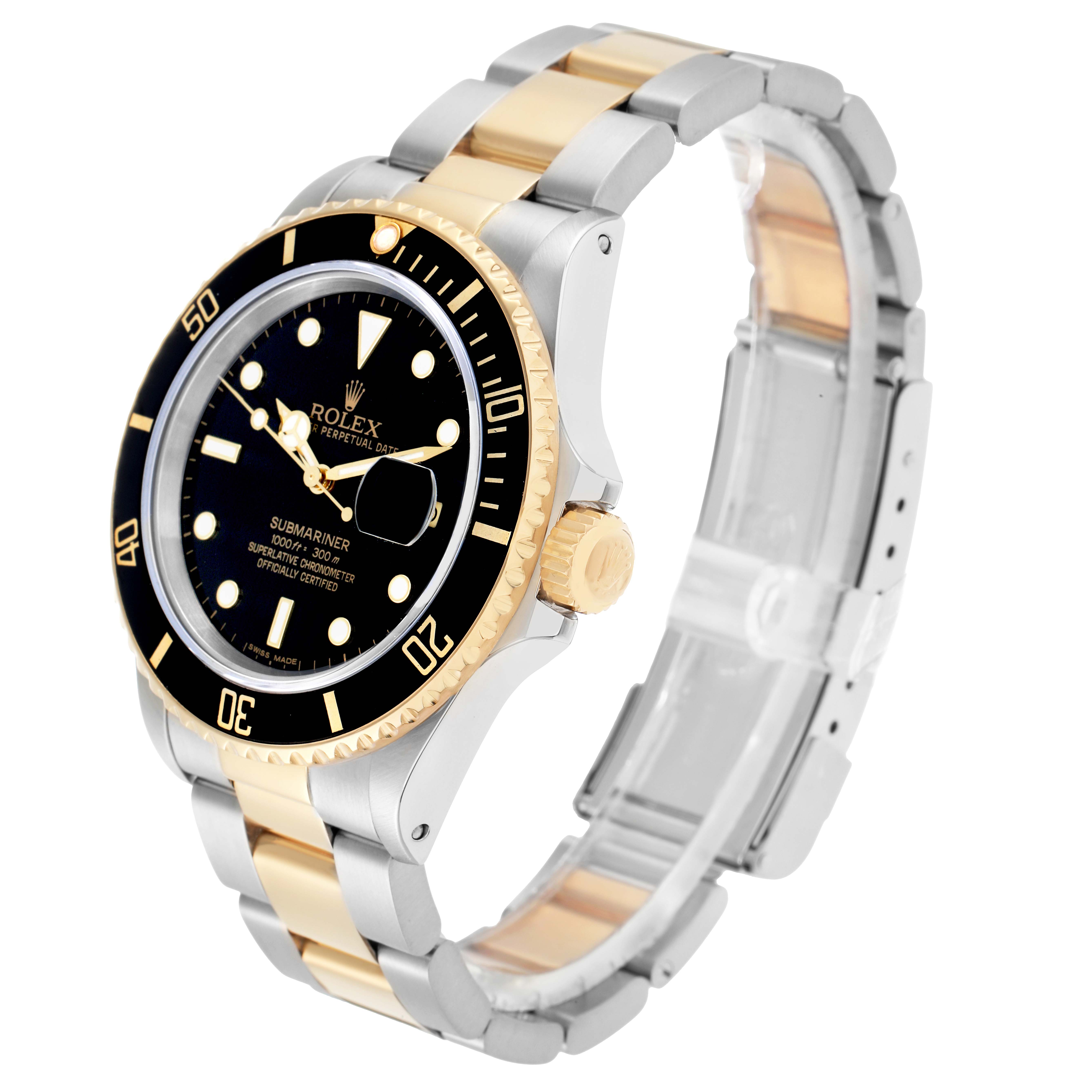 The image shows a Rolex Submariner 16803 Men
s Steel and Gold (two tone) Black Dial watch at a three-quarter angle, highlighting the bezel, dial, crown, and two-tone bracelet.