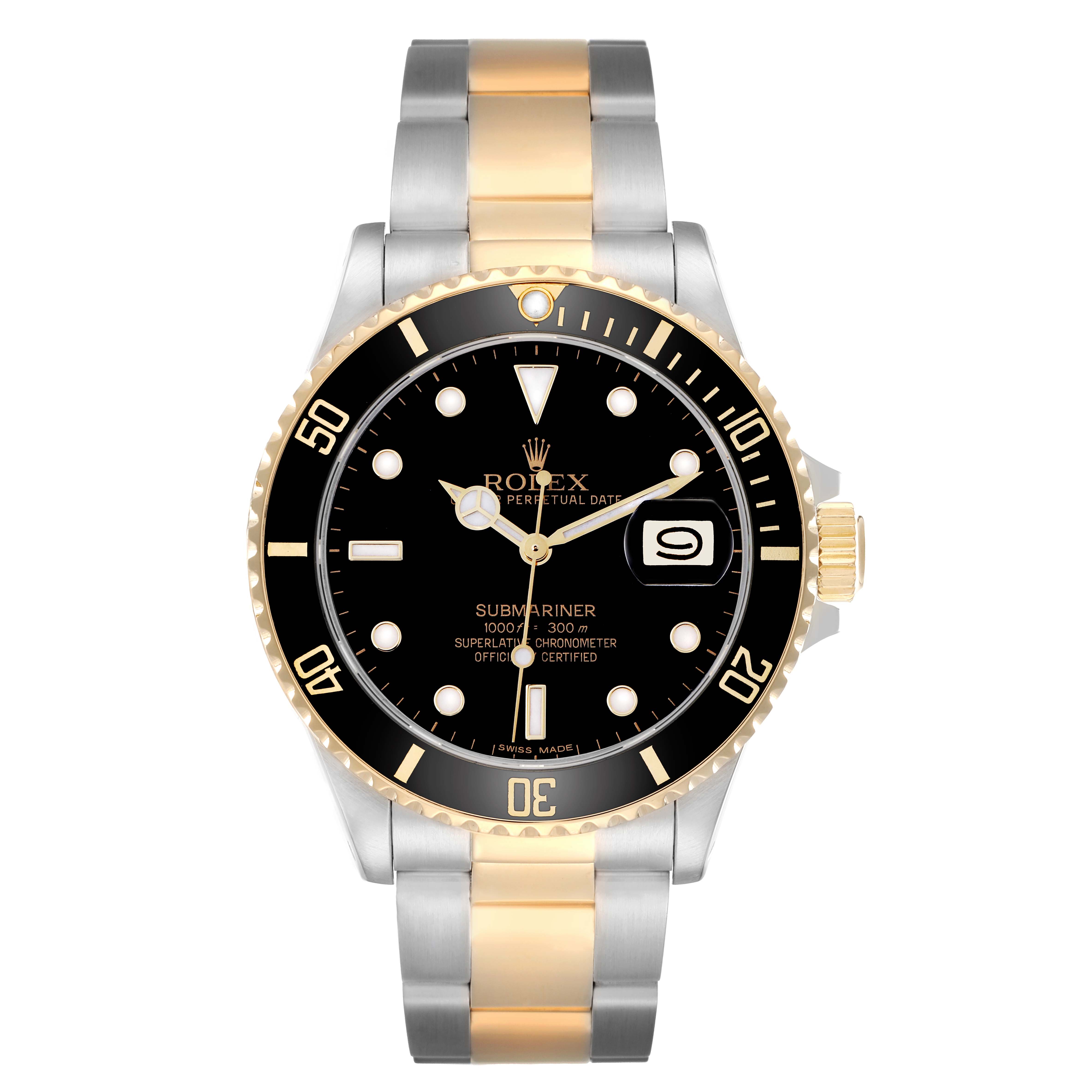 The Rolex Submariner 16803 Men
s Steel and Gold (two tone) Black Dial watch is shown head-on, displaying its black dial, gold-and-silver bracelet, and date window prominently.