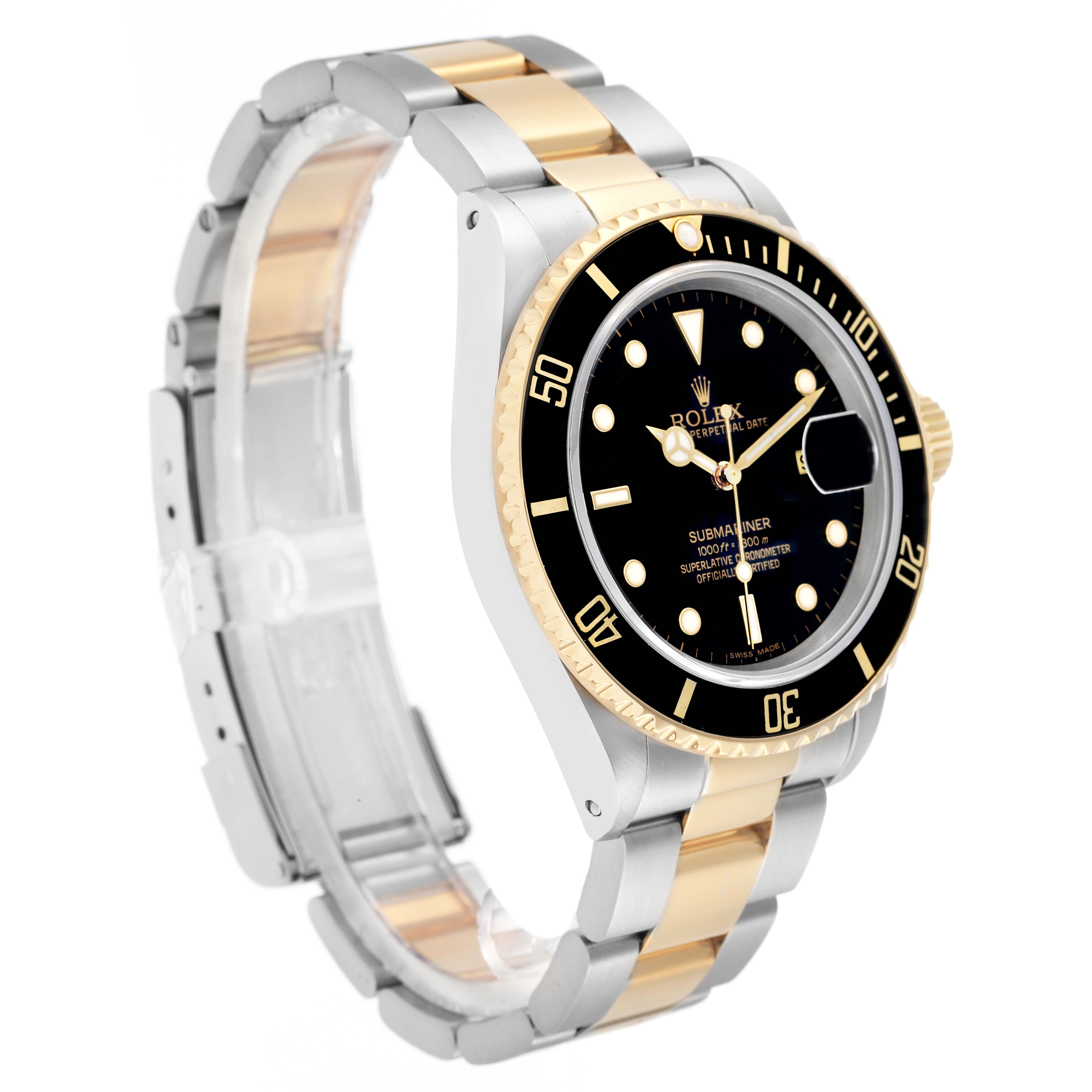 The Rolex Submariner 16803 Men
s Steel and Gold (two tone) Black Dial watch is shown at a three-quarter angle, highlighting the bezel, dial, and bracelet.
