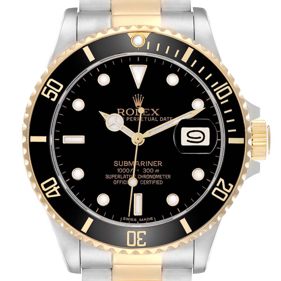 The Rolex Submariner 16803 Men's Steel and Gold (two tone) Black Dial is shown from the front, highlighting its black dial, date window, and gold-accented bezel.