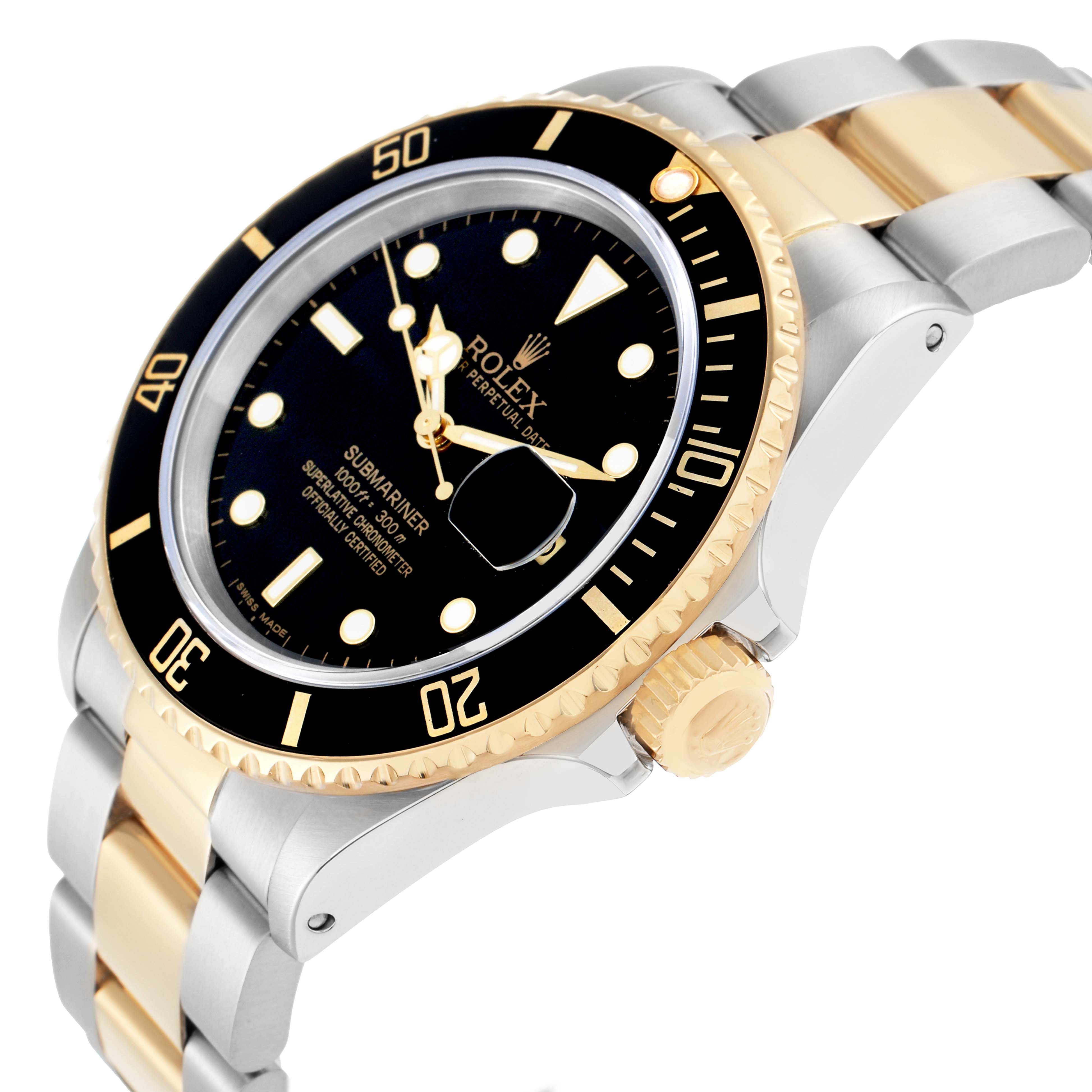 The Rolex Submariner 16803 Men
s Steel and Gold (two tone) Black Dial is shown from an angled side view, highlighting the bezel, crown, bracelet, and face.