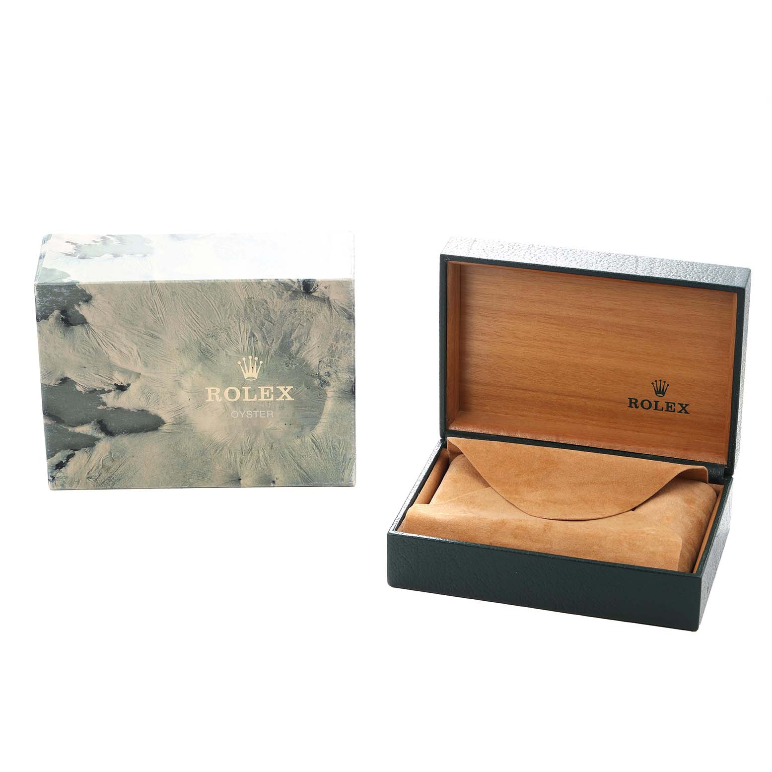 The image shows an open Rolex Submariner 16803 Men
s Steel and Gold (two tone) Black Dial box with a watch cushion inside, alongside its outer packaging.