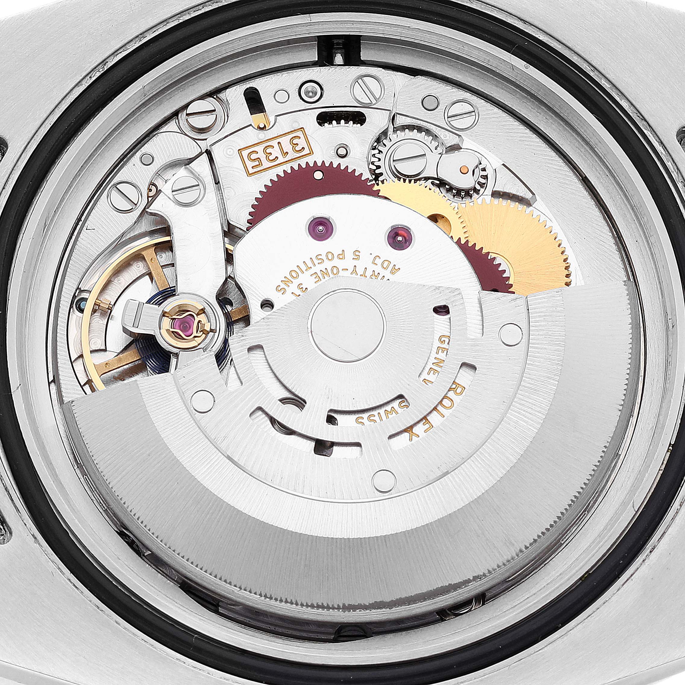 This image shows the intricately detailed movement and inner mechanism of a Rolex Submariner 116613 Men's Steel and Gold (two tone) Blue Dial 116613 Men's Steel and Gold (two tone) Blue Dial watch.